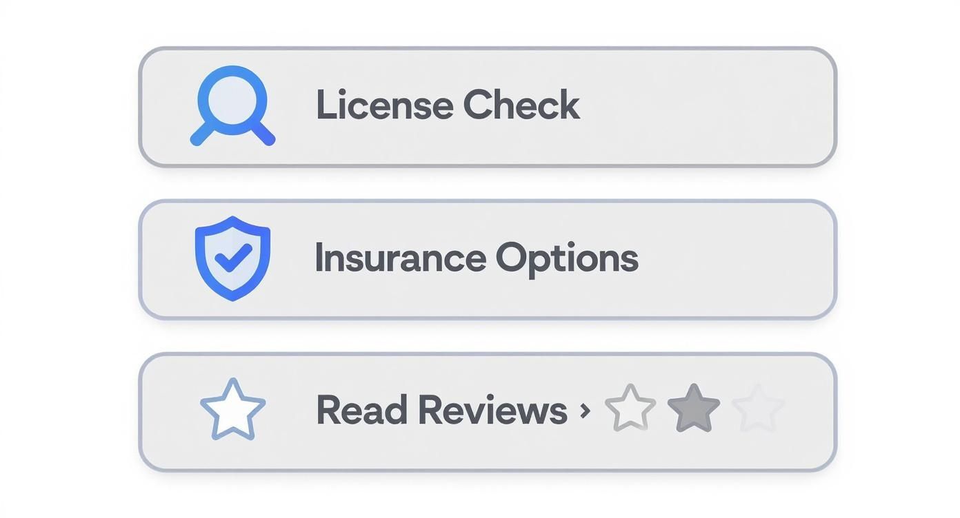 Three interactive buttons for license verification, insurance options, and reading reviews for moving services