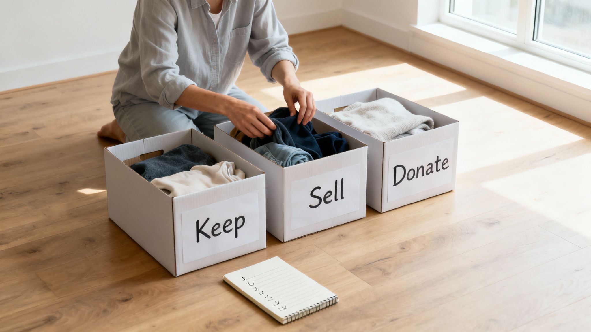 A person sorting items into boxes labeled "keep," "donate," and "toss" in a well-lit room, symbolizing the decluttering process for a long-distance move.