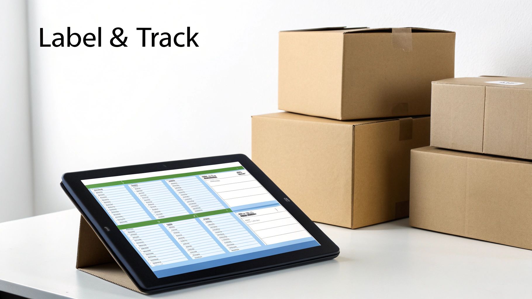 A close-up shot of a moving box with a clear, detailed label showing the room, contents, and box number.