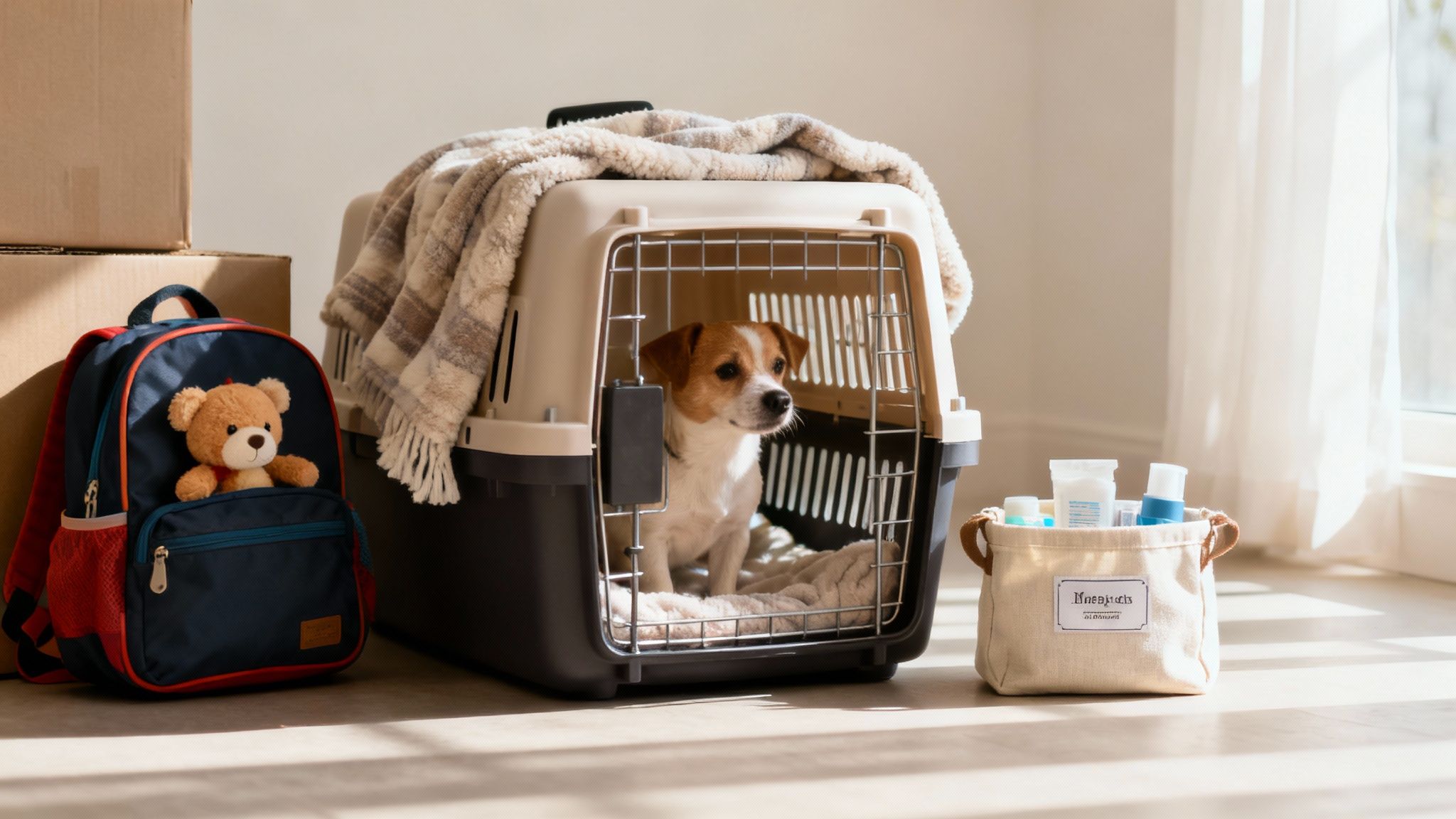 A happy dog sits in the back of a car packed with moving boxes, looking ready for a long-distance journey, symbolizing pet comfort during a move.