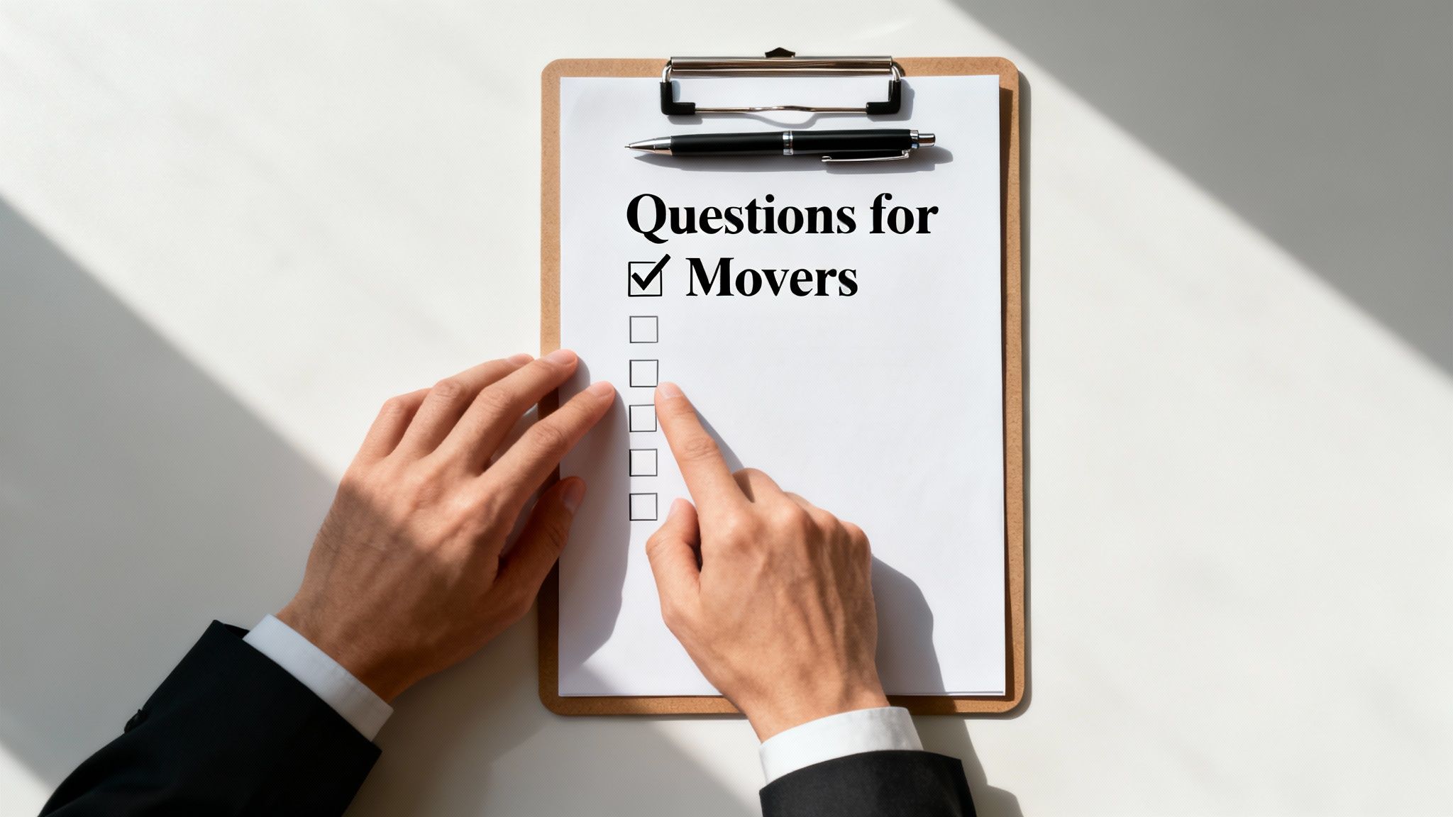 A person on the phone asking questions to a moving company representative, with a checklist in hand.