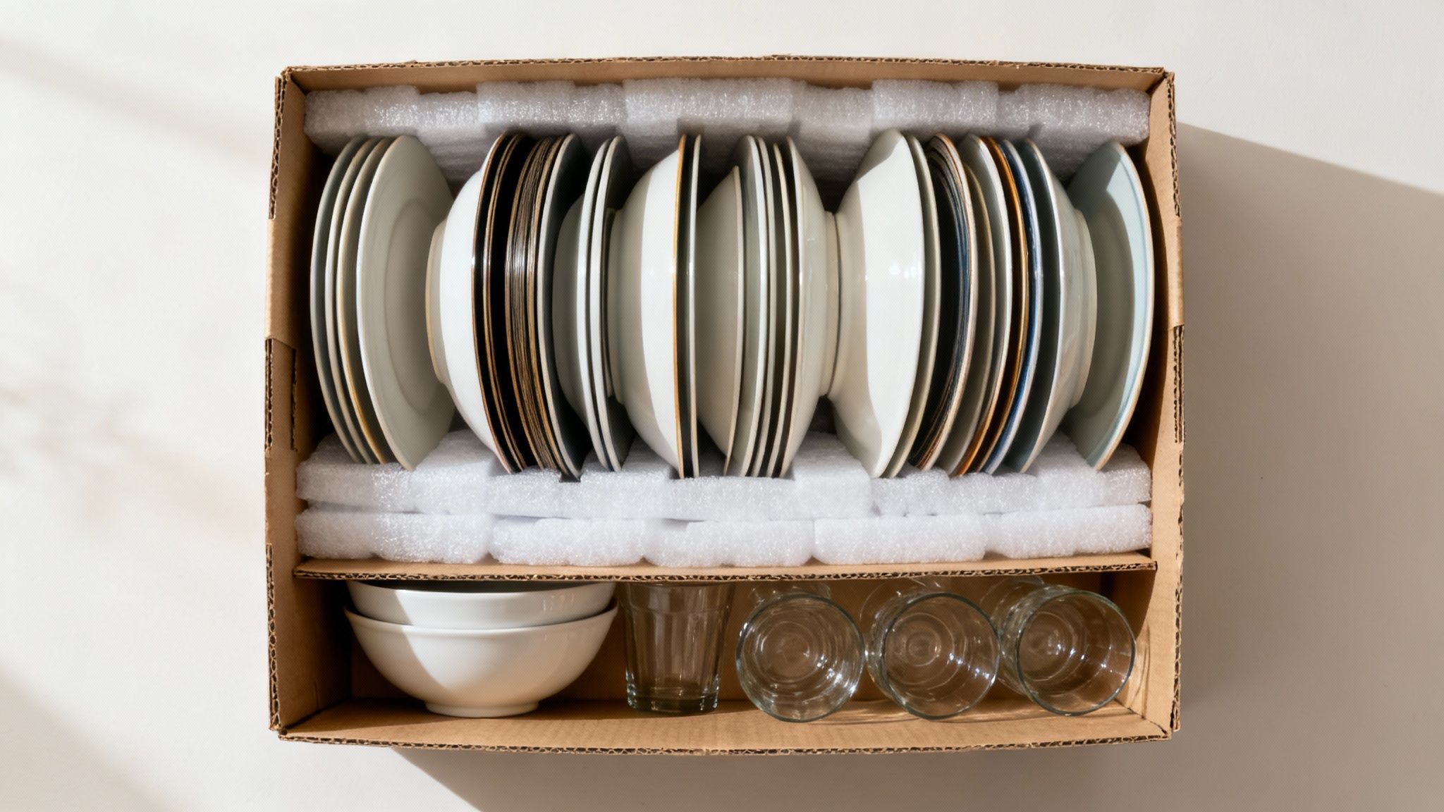 A person carefully placing vertically stacked plates into a moving box filled with packing paper.