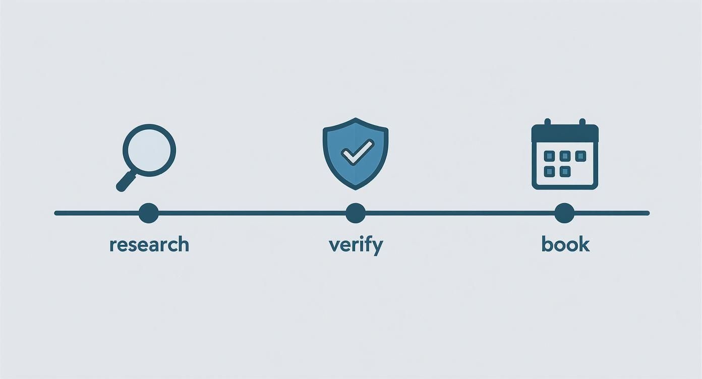 Three step process timeline showing research, verify, and book stages with corresponding icons