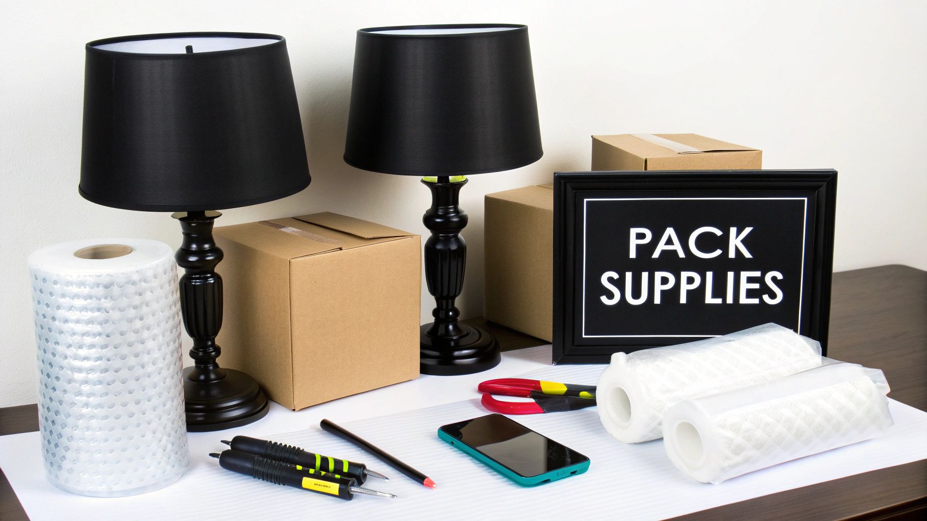 A collection of moving supplies including boxes, packing paper, and tape, neatly organized on a floor.