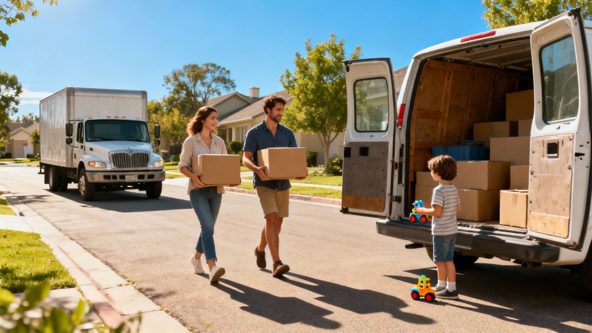 Two movers carefully carrying a large piece of furniture on a sunny day.