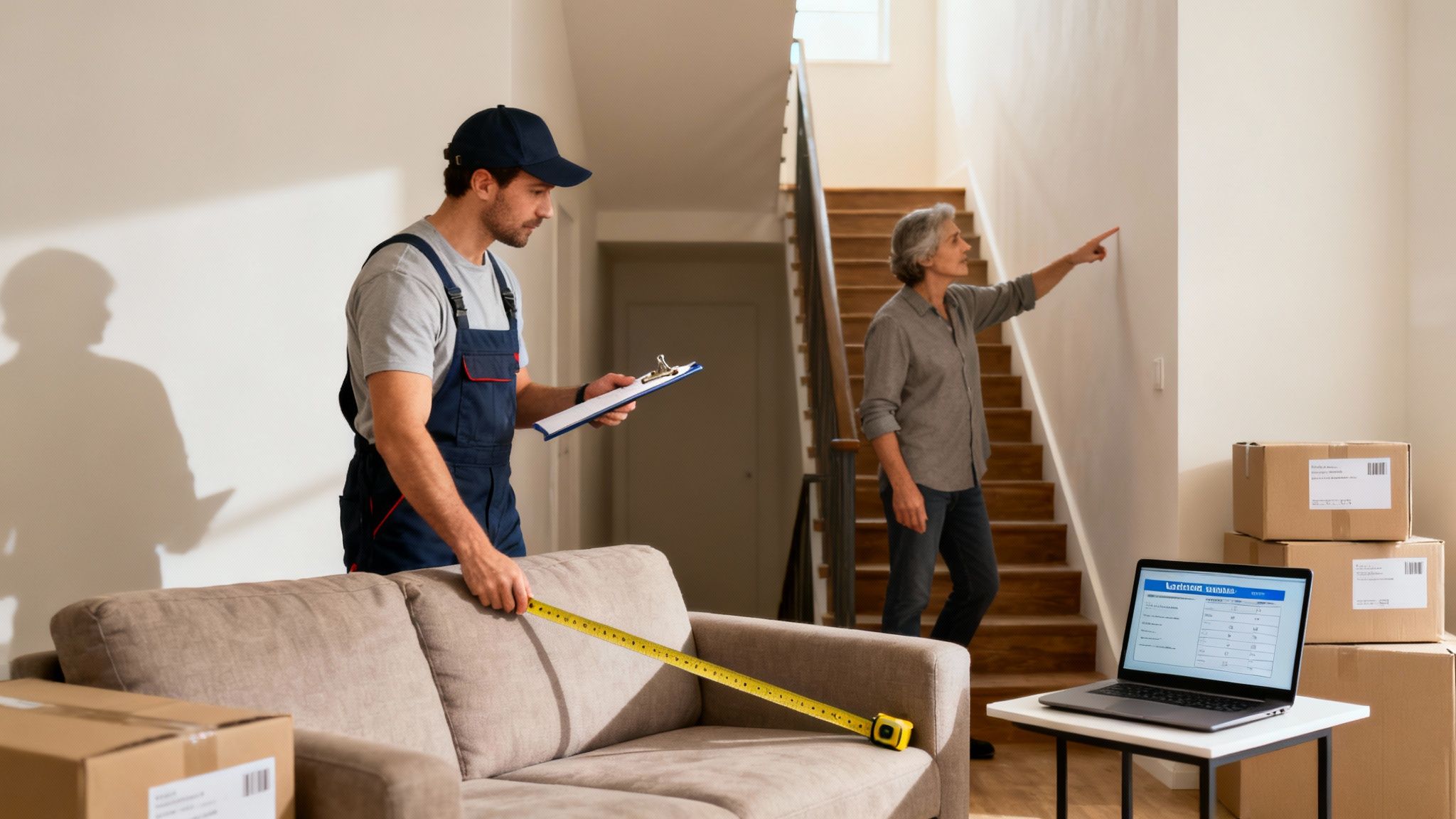 Professional mover measuring furniture with tape measure while homeowner supervises relocation process