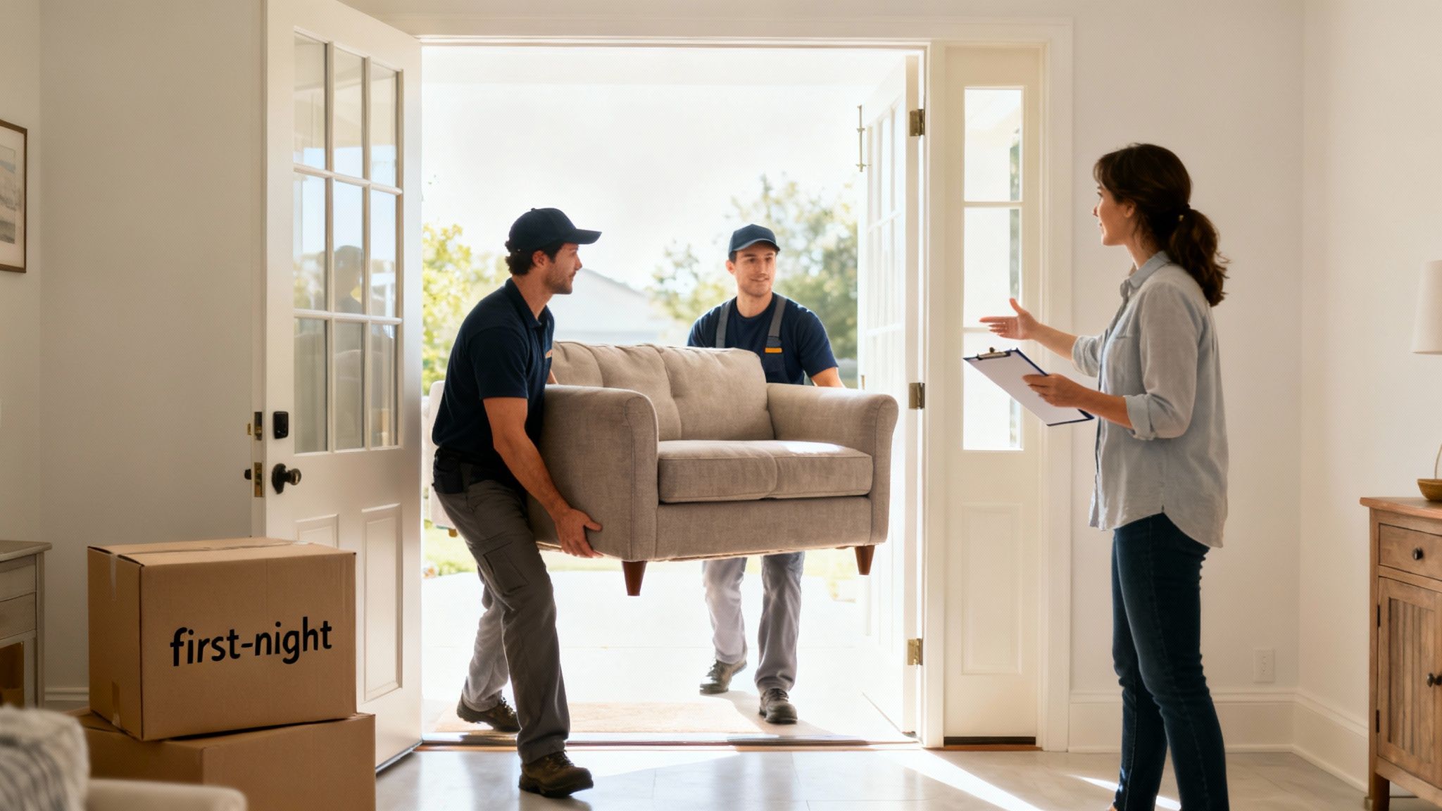 A group of professional movers carefully carrying a large couch out of a house.