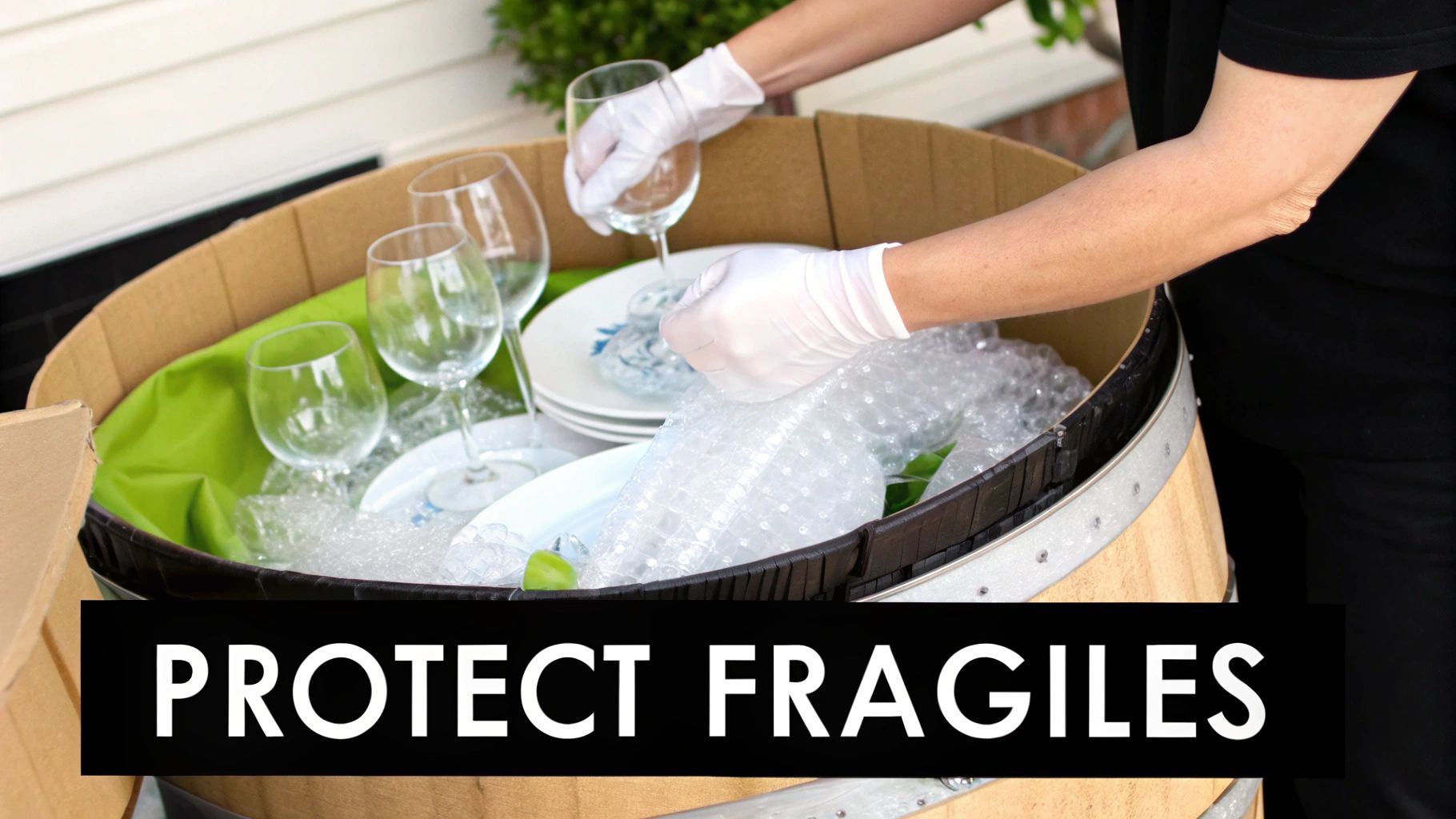 A person carefully wrapping a fragile plate in packing paper.