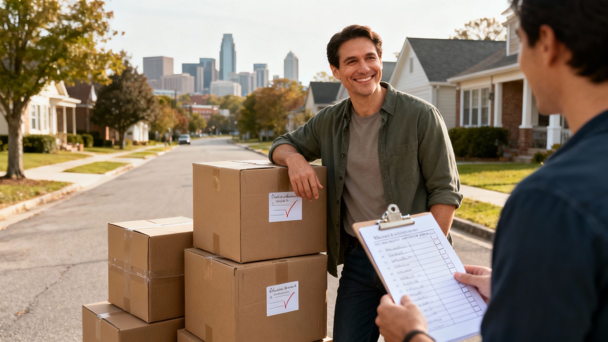 Professional mover delivering packages to customer in residential neighborhood with city skyline background