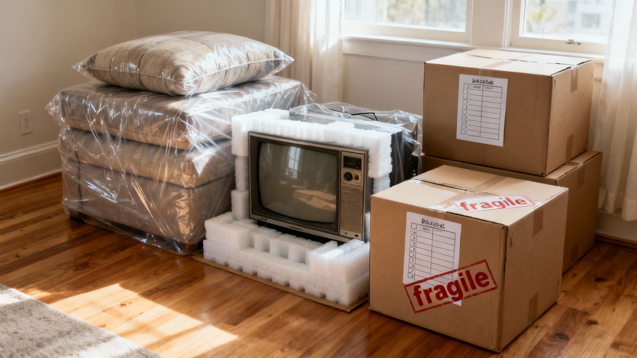 Well-packed boxes and a carefully wrapped chair ready for a long-distance move.