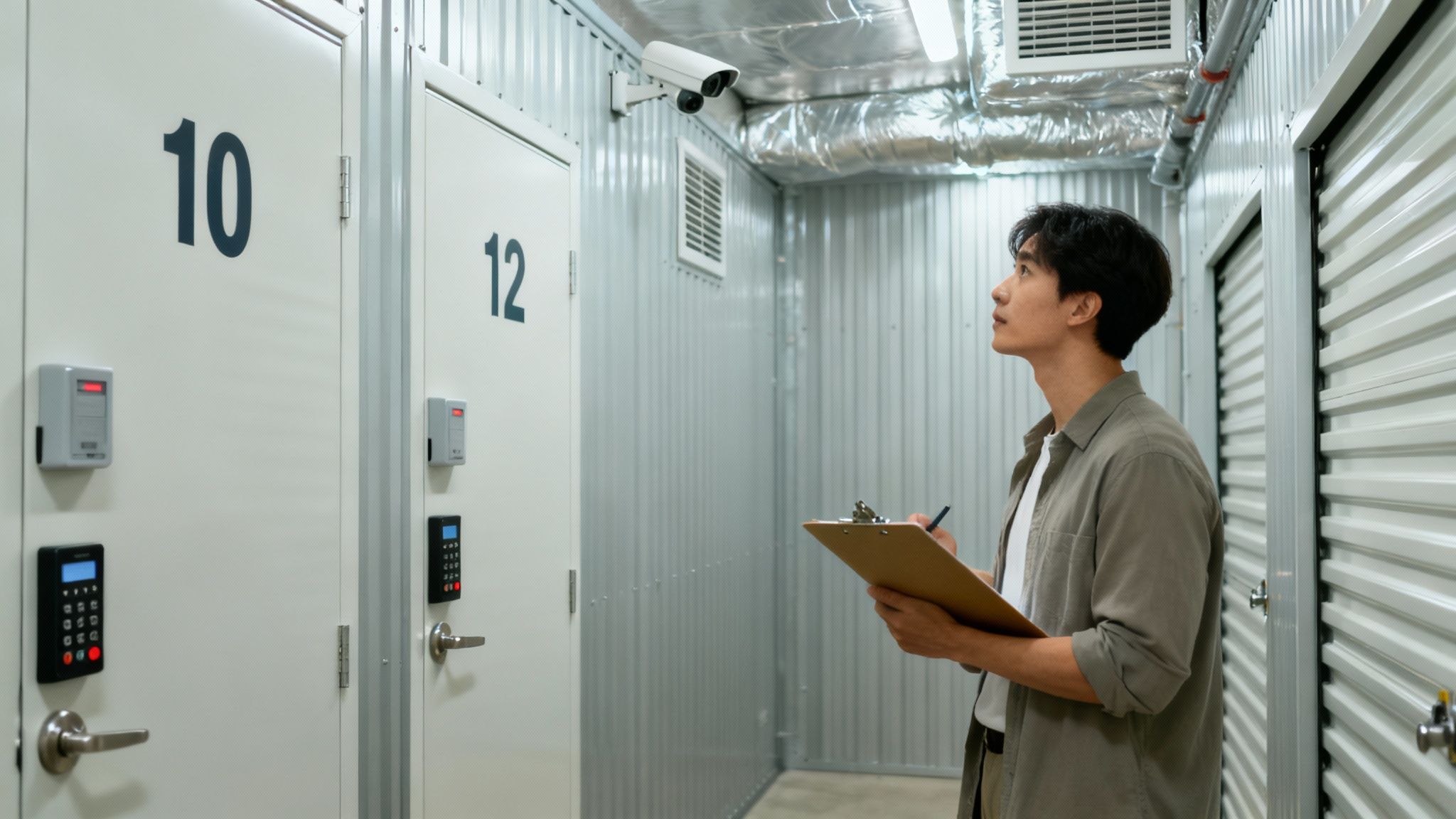 A person inspects a clean, empty climate controlled storage unit with a checklist.