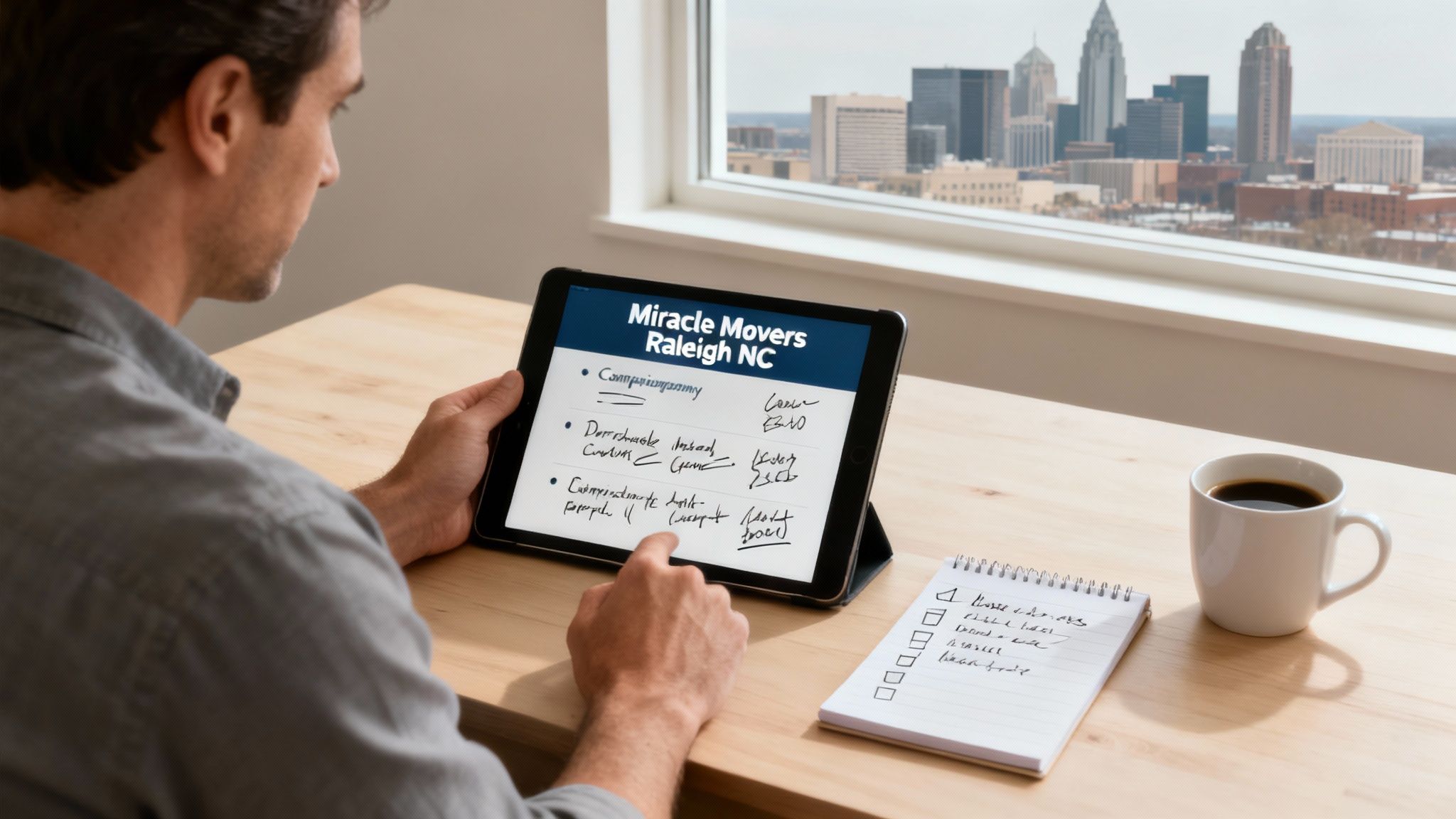 Professional reviewing Miracle Movers Raleigh NC moving services on tablet with checklist and coffee