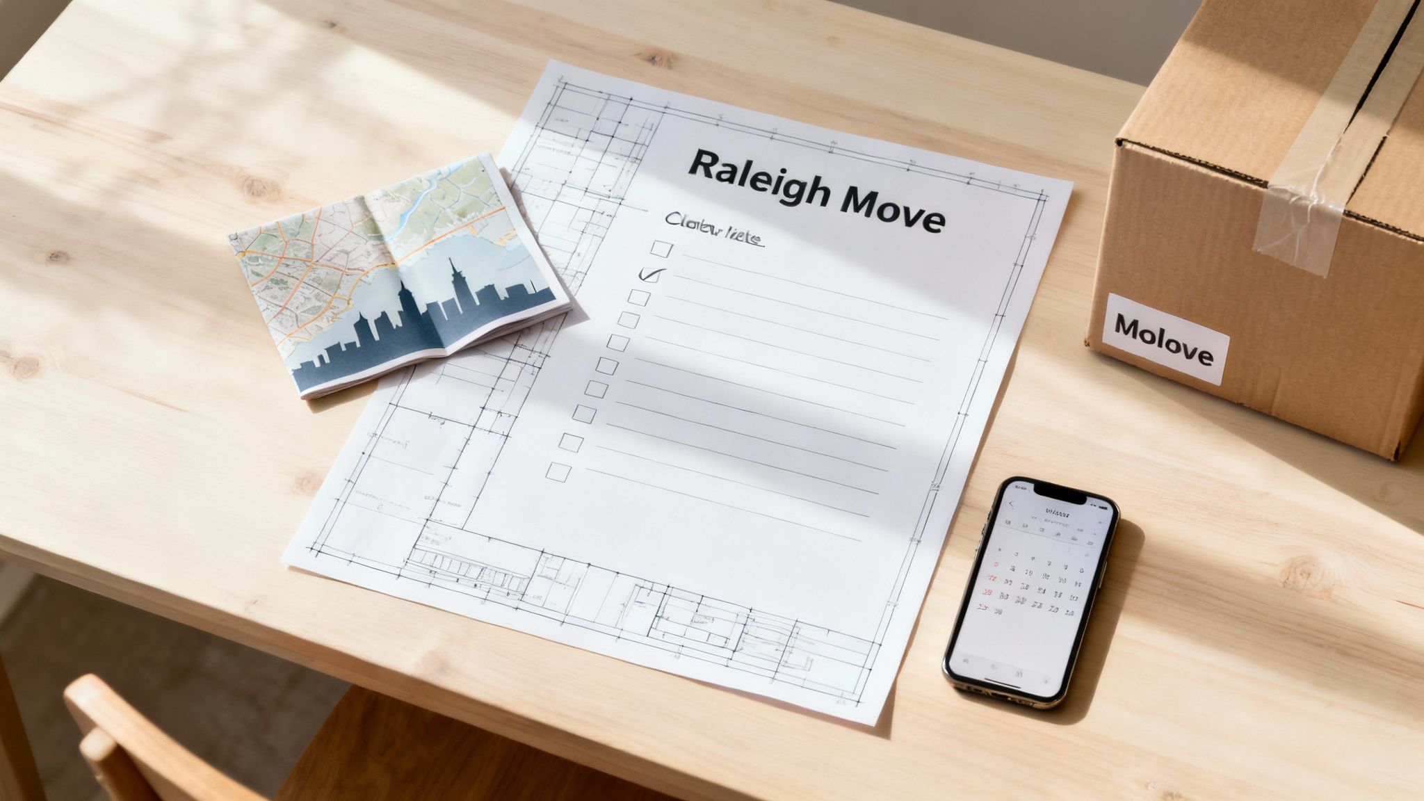 Raleigh move planning checklist with floor plans, city postcards, smartphone, and moving boxes on wooden desk