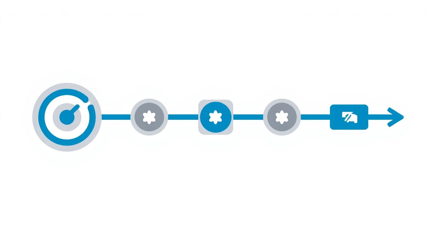 Blue and gray workflow diagram showing sequential process steps with target icon and arrow pointing forward