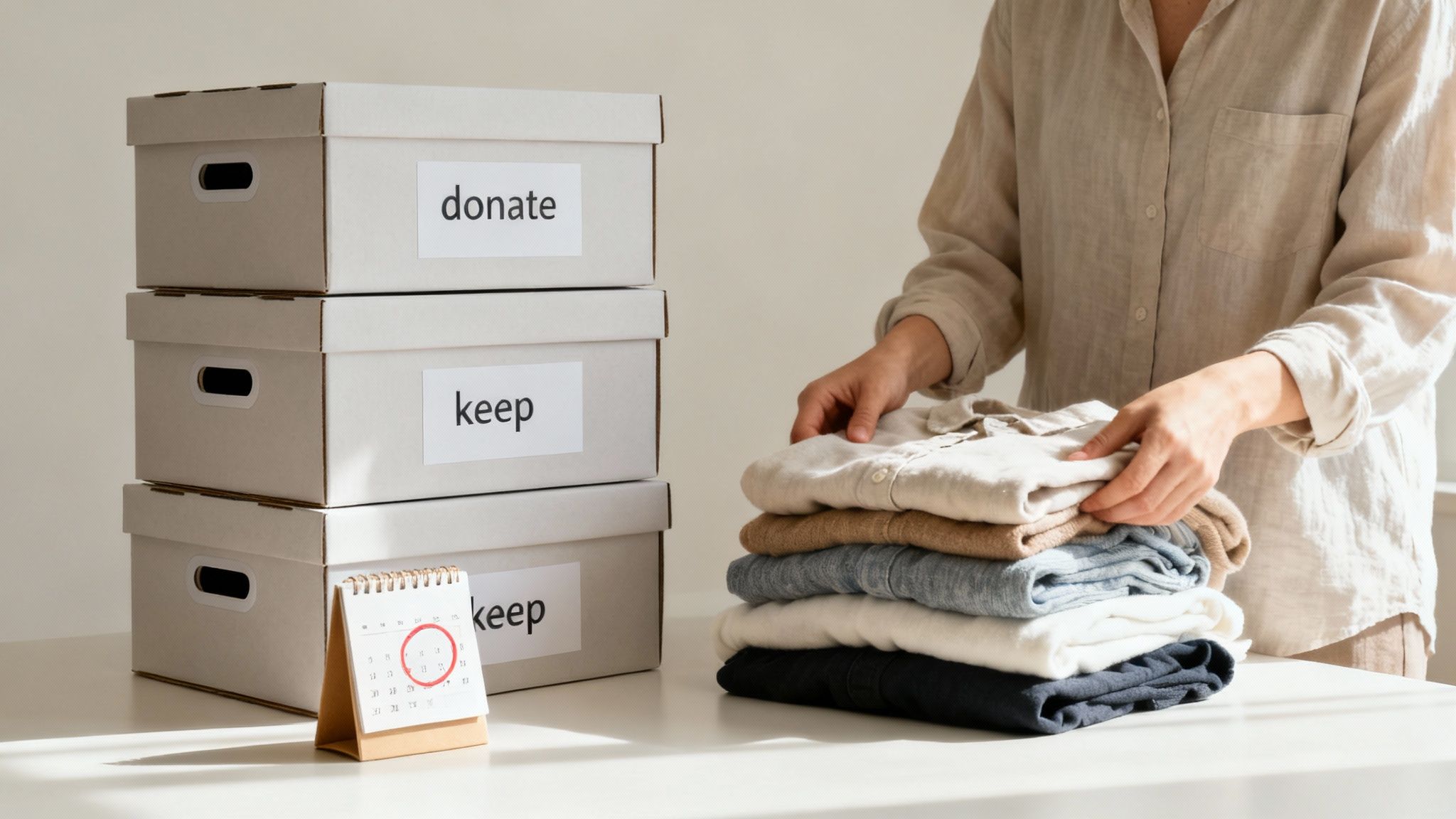A person packing a box with a piggy bank nearby, symbolizing saving money on a move.