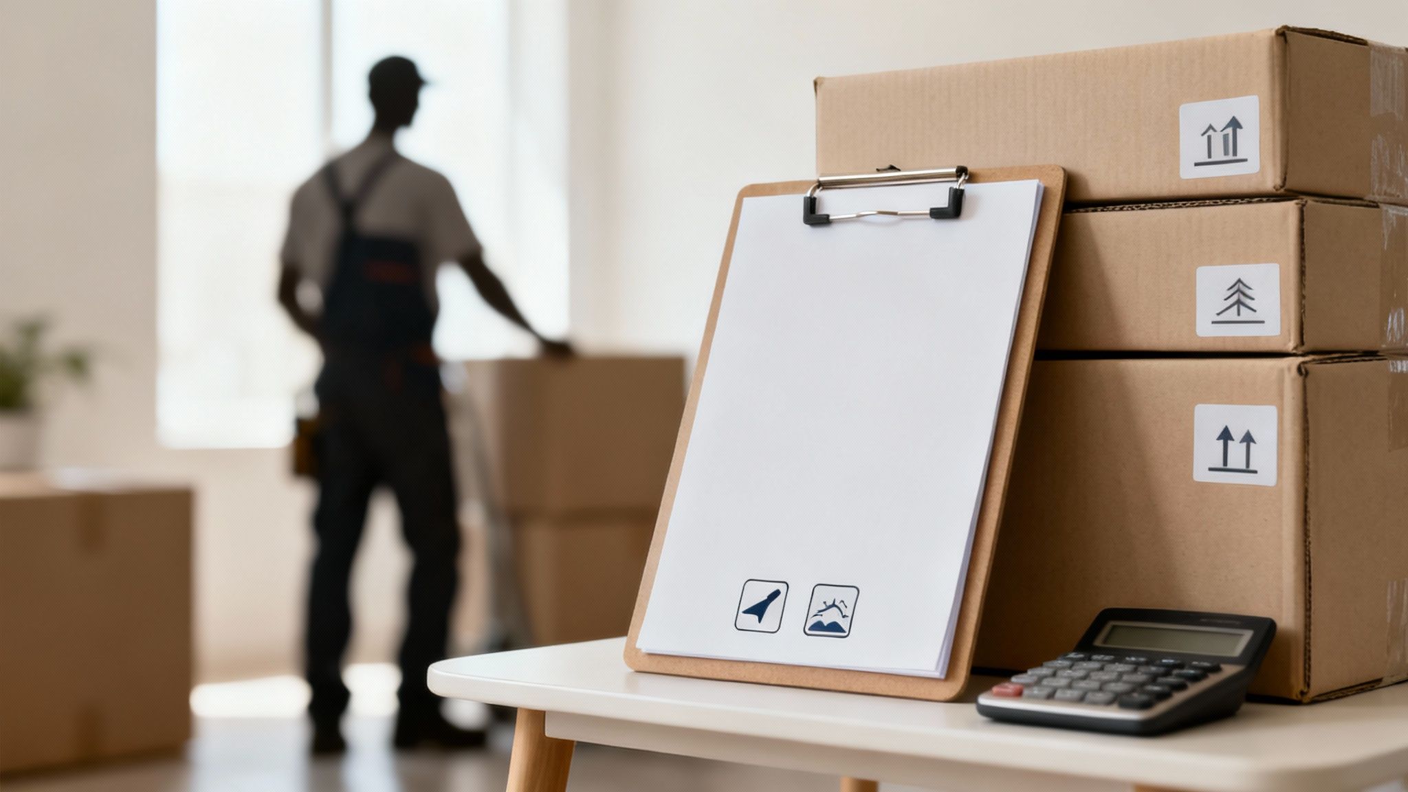 A friendly mover smiling while holding a box, representing trustworthiness