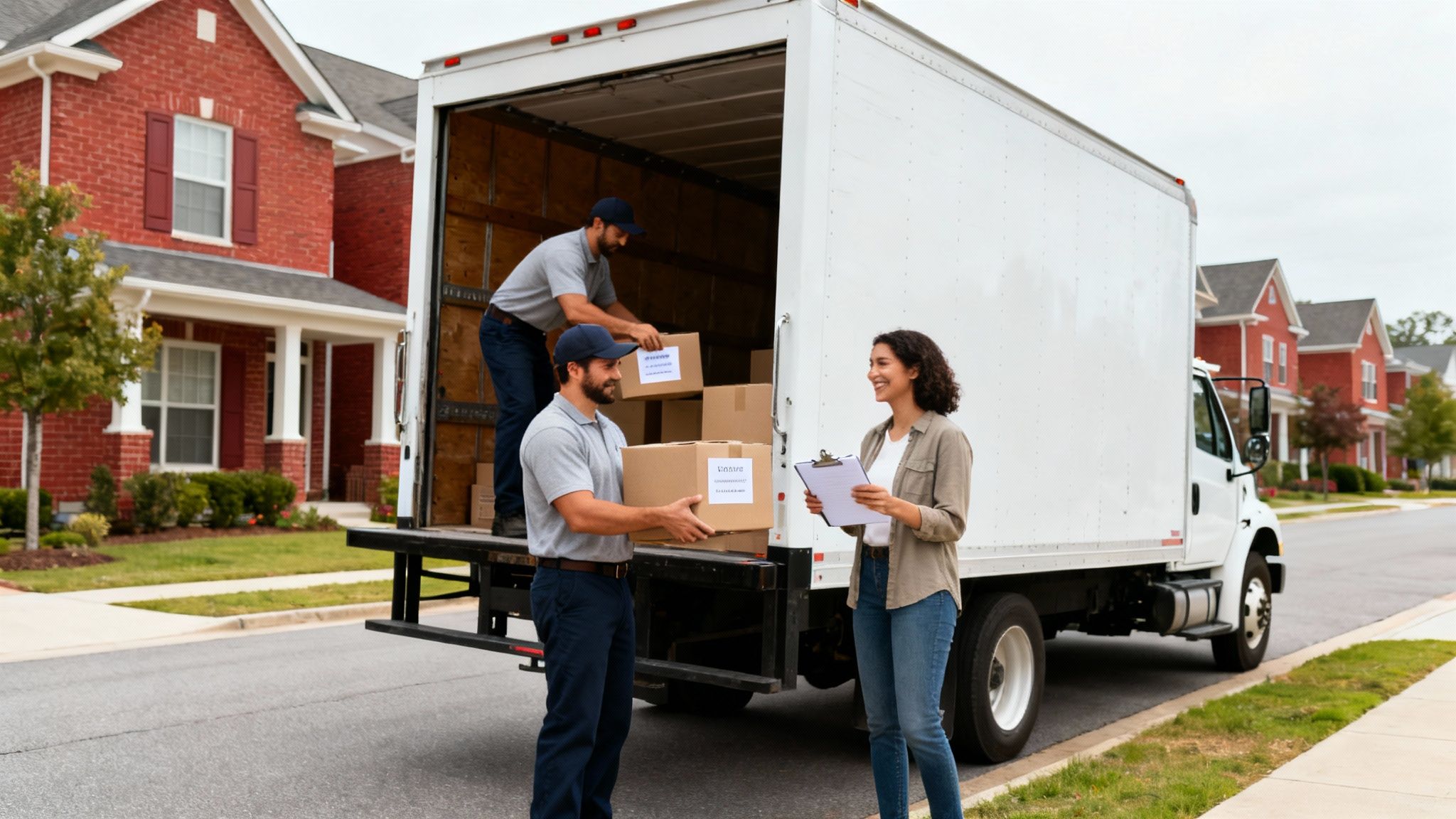 Professional movers unloading boxes from truck while woman oversees residential moving delivery