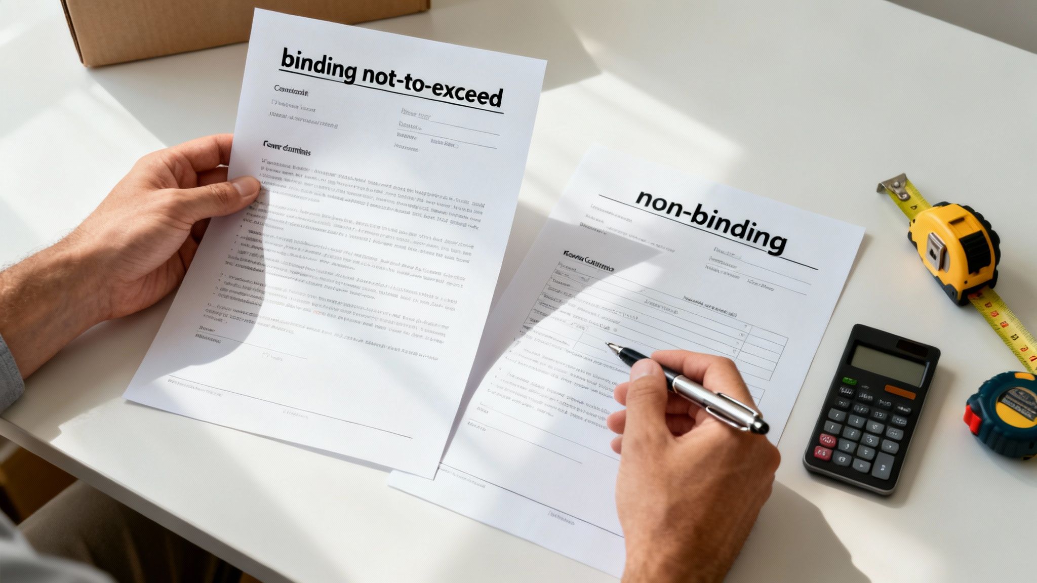 A person reviewing a moving contract and estimate with a pen and calculator.