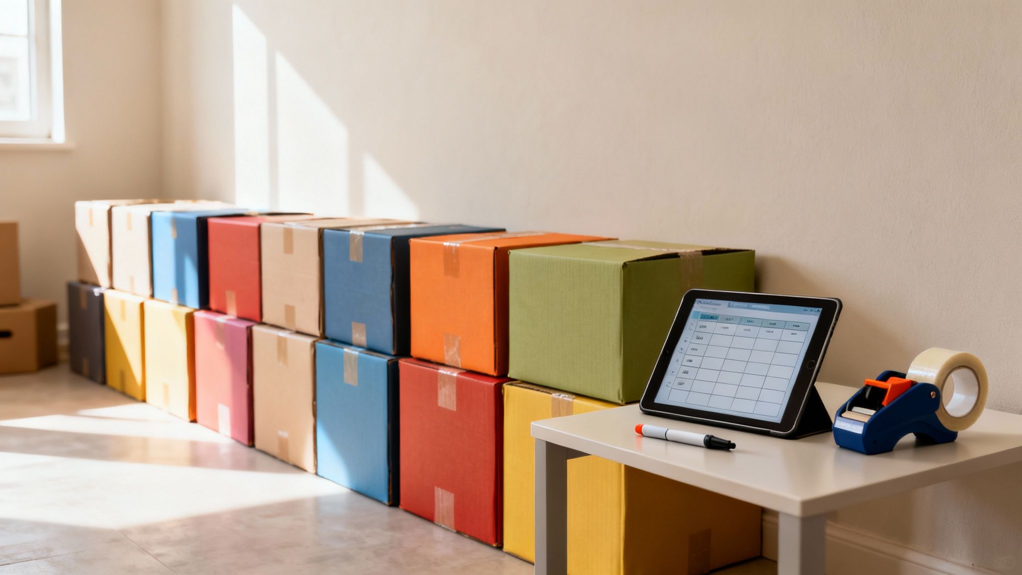 Someone applying a color-coded label to a moving box, with other organized boxes in the background.
