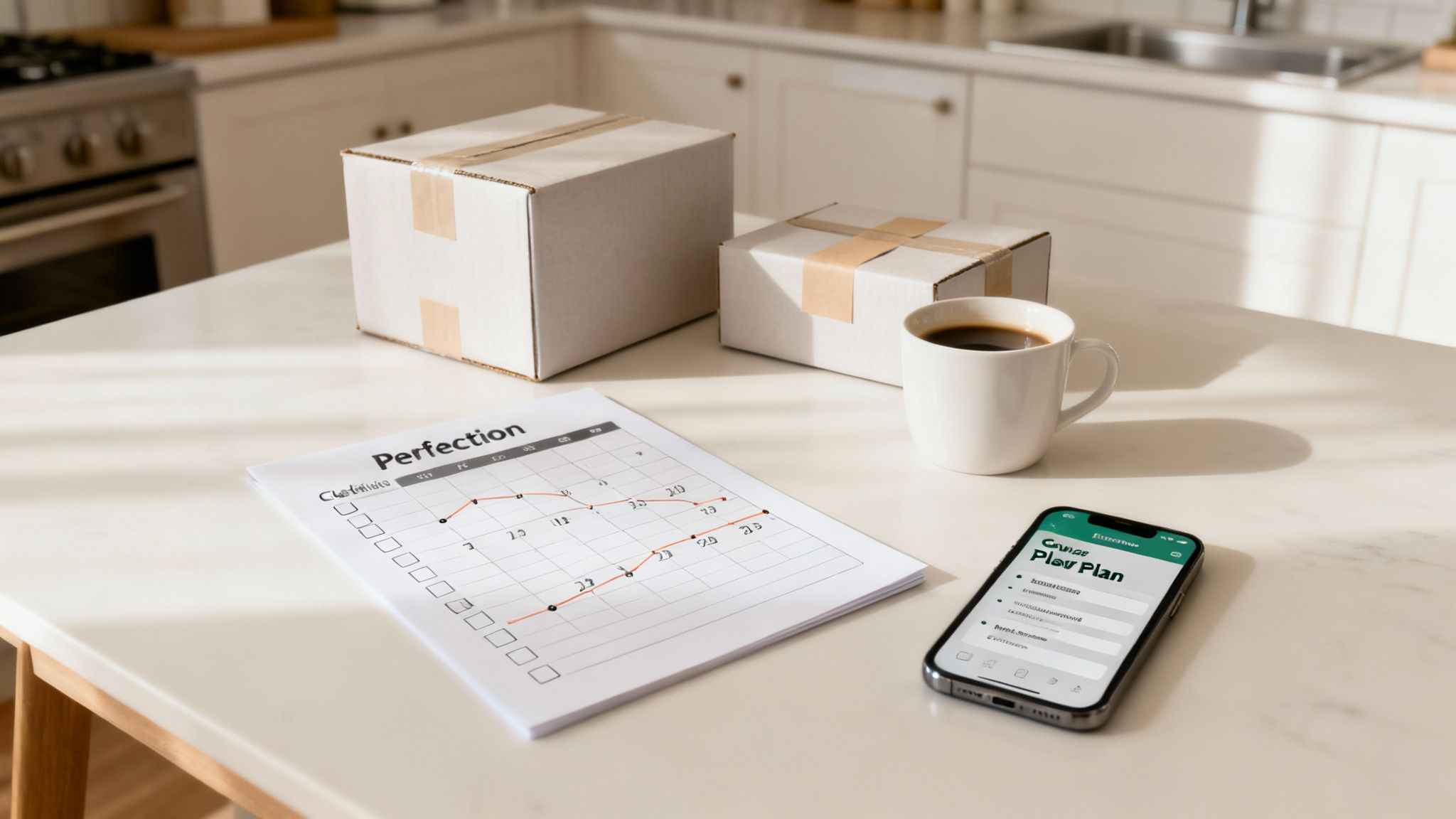A person organizing moving boxes with packing tape and supplies.