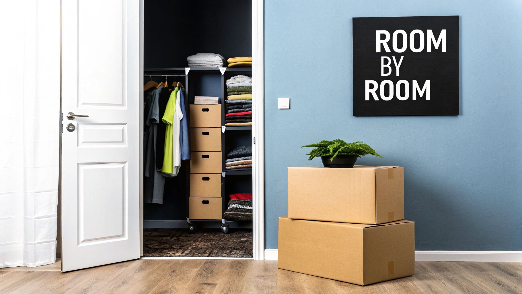 An organized room with packed moving boxes and supplies.
