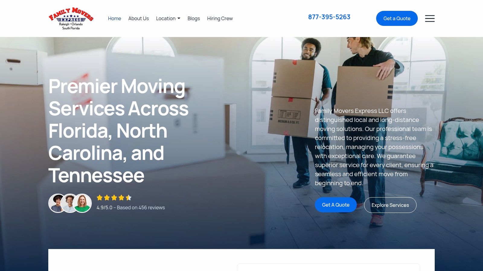 Family Movers Express LLC website homepage showcasing their moving services.