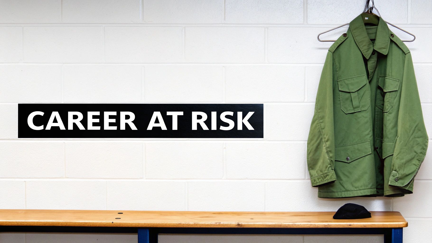 A green military jacket hangs on a white brick wall above a wooden bench with a beret and a sign reading "CAREER AT RISK".