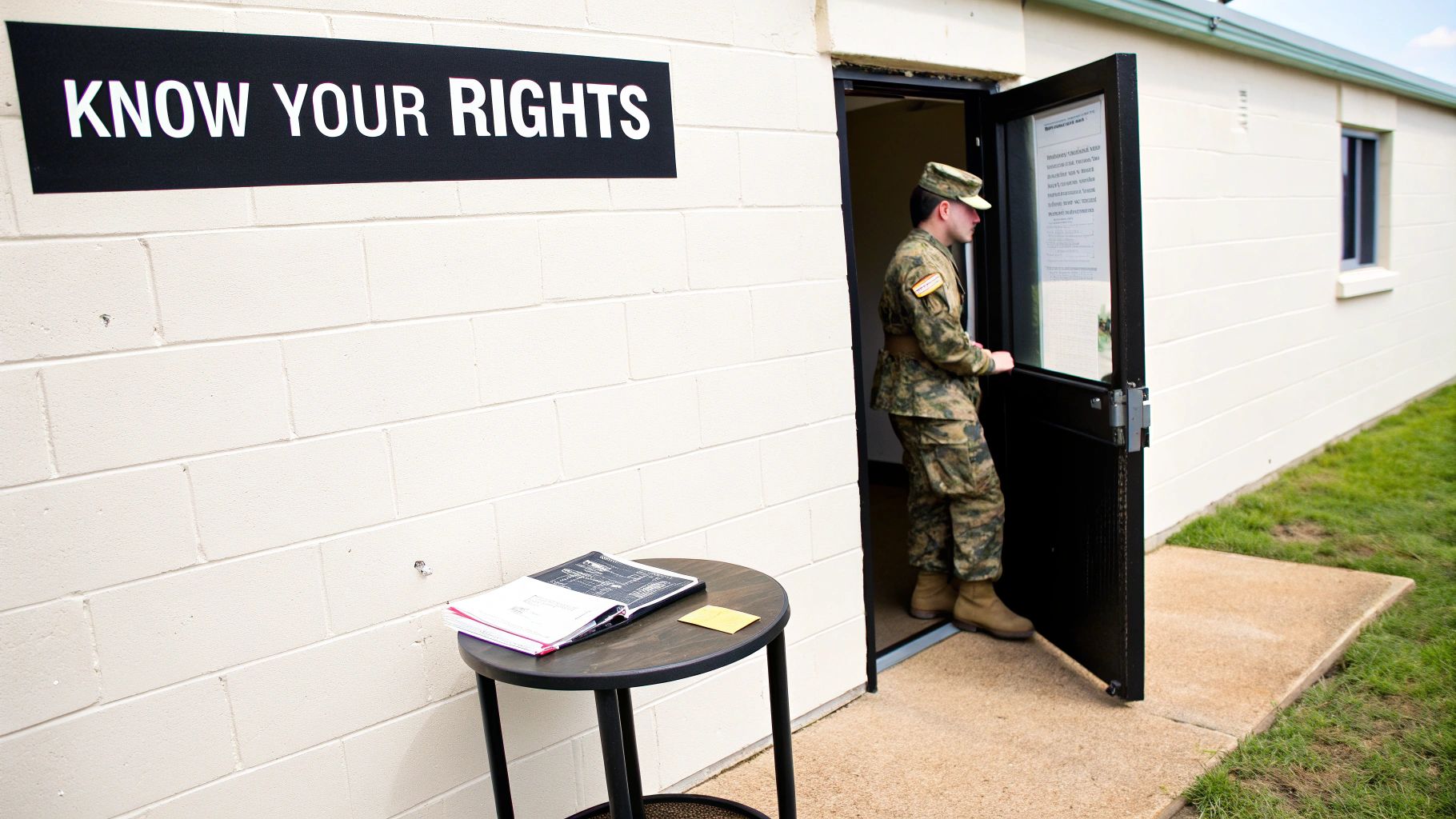 A soldier in uniform stands in a doorway next to a "KNOW YOUR RIGHTS" sign on a white wall.