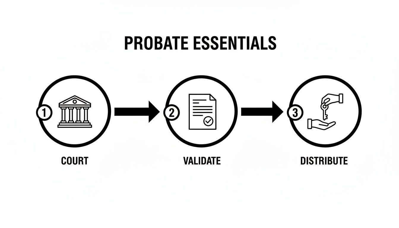 A black and white infographic illustrating the three essential steps of the probate process: Court, Validate, and Distribute.