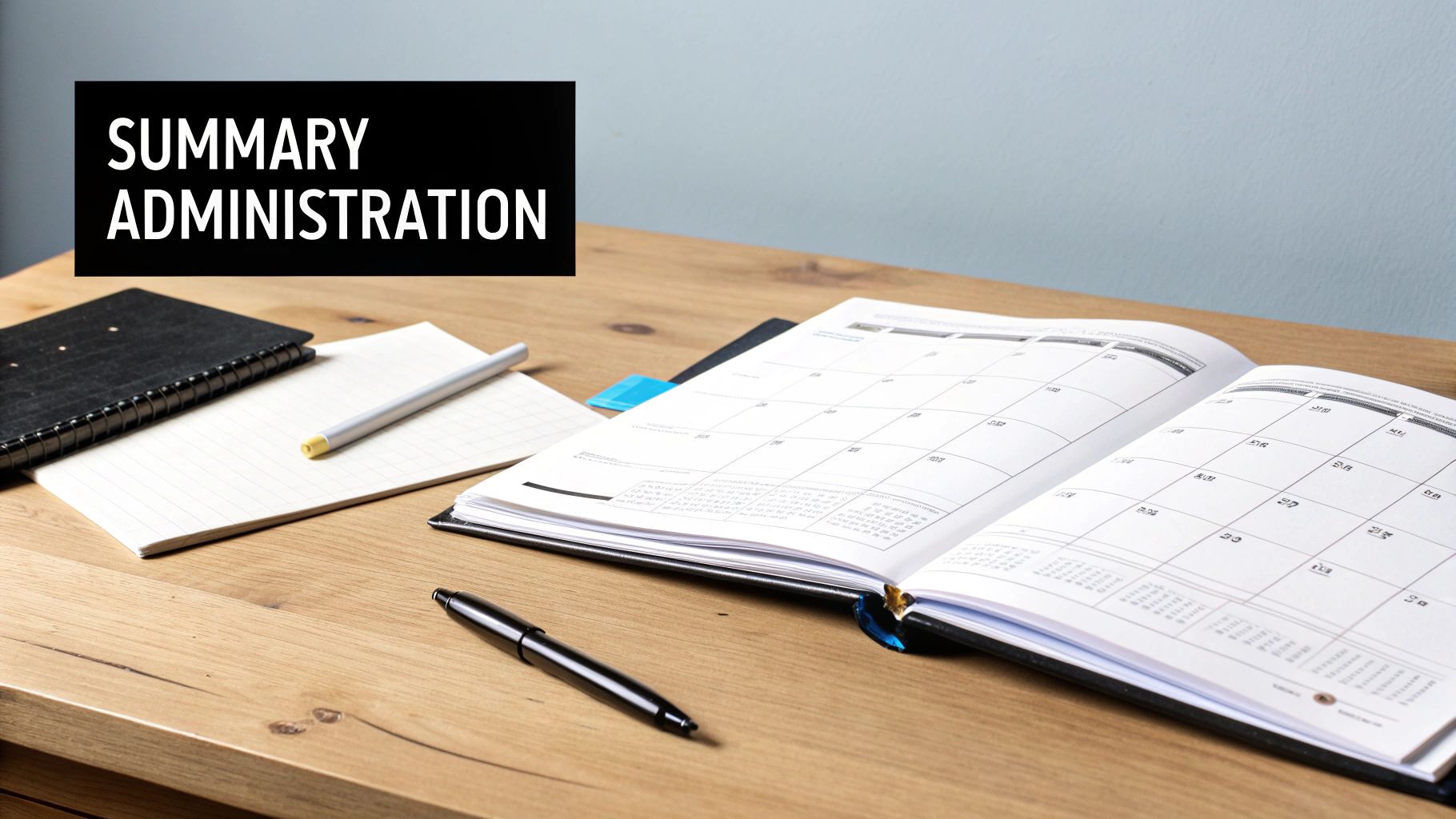 A wooden desk with an open calendar, notebooks, pens, and a sign saying 'SUMMARY ADMINISTRATION'.