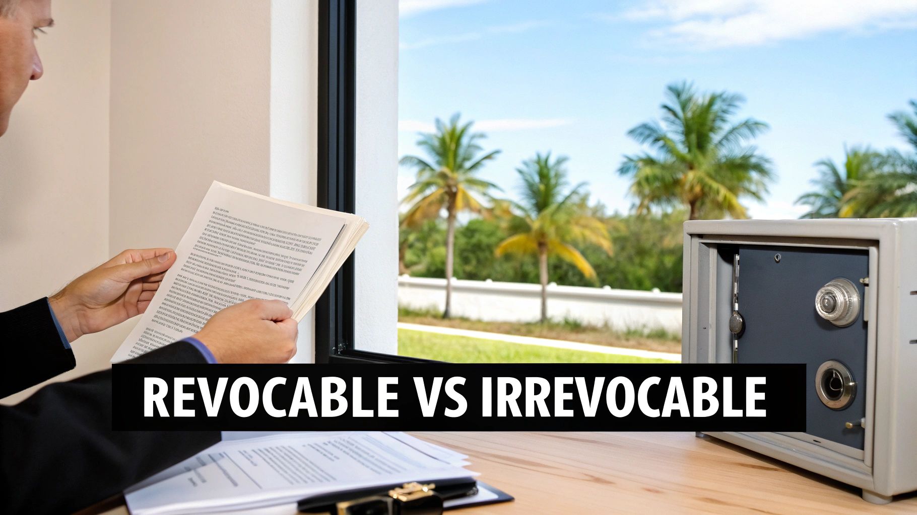 Man in a suit reads documents about revocable and irrevocable concepts, with a safe nearby.