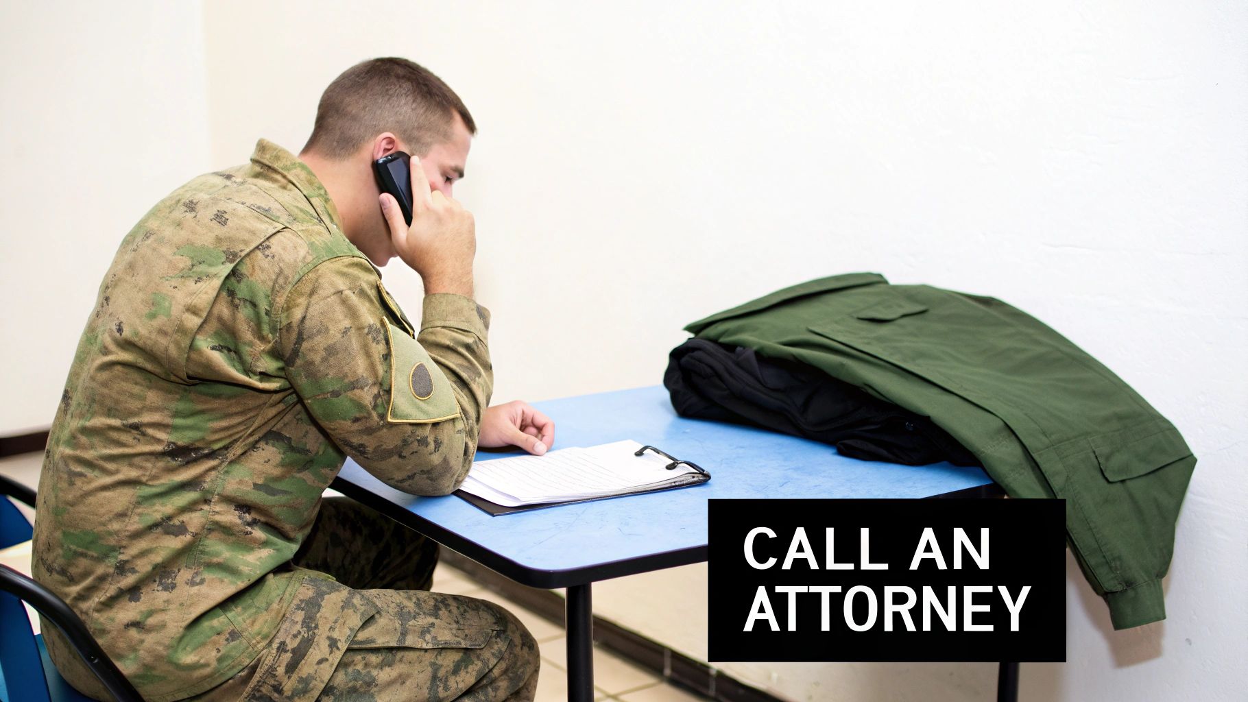 A person in military uniform sits at a table, talking on a phone, with papers and another uniform.