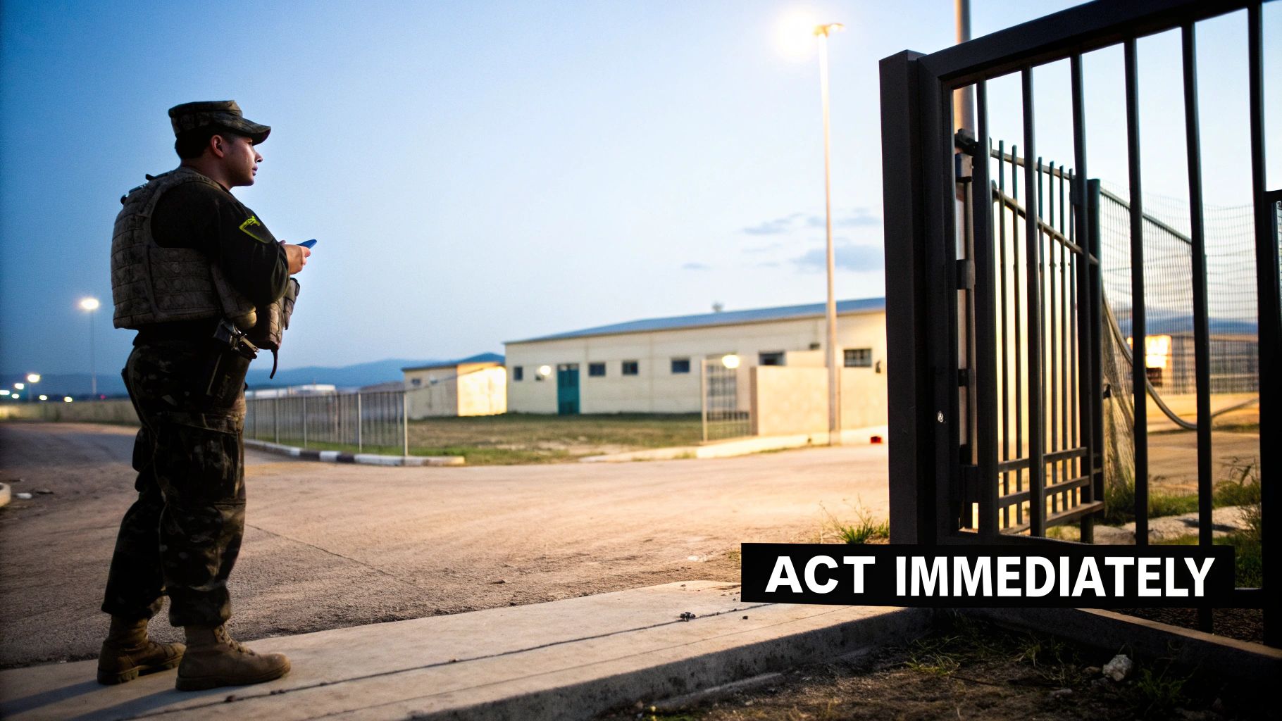 A soldier in uniform stands guard by a metal gate at dusk, holding a device.
