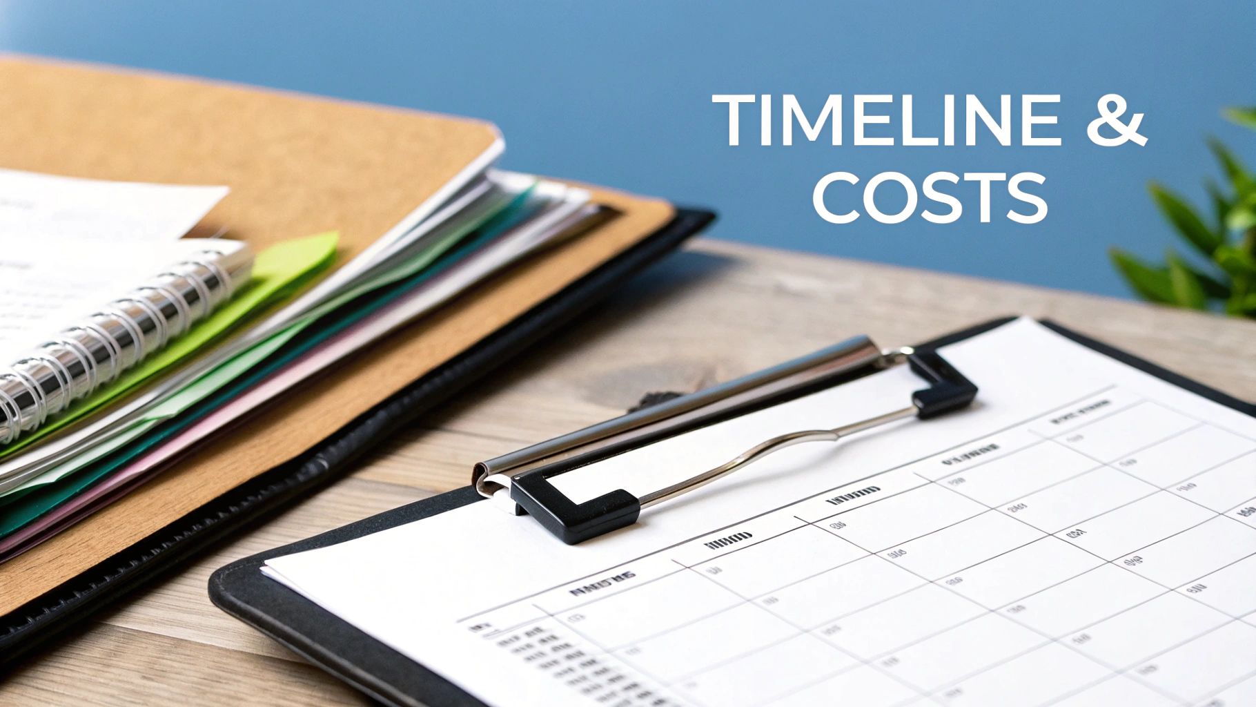 Documents, a notebook, and a clipboard with a calendar, illustrating a timeline and costs.