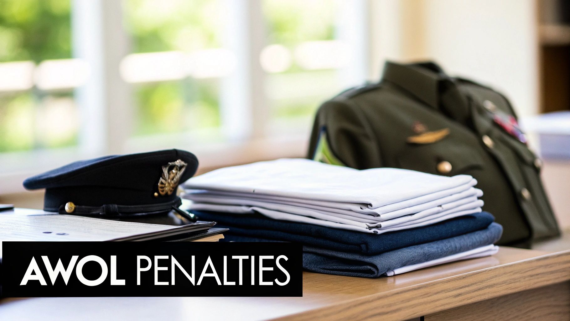 Military uniform jacket, beret, and documents on a table with 'AWOL PENALTIES' text.