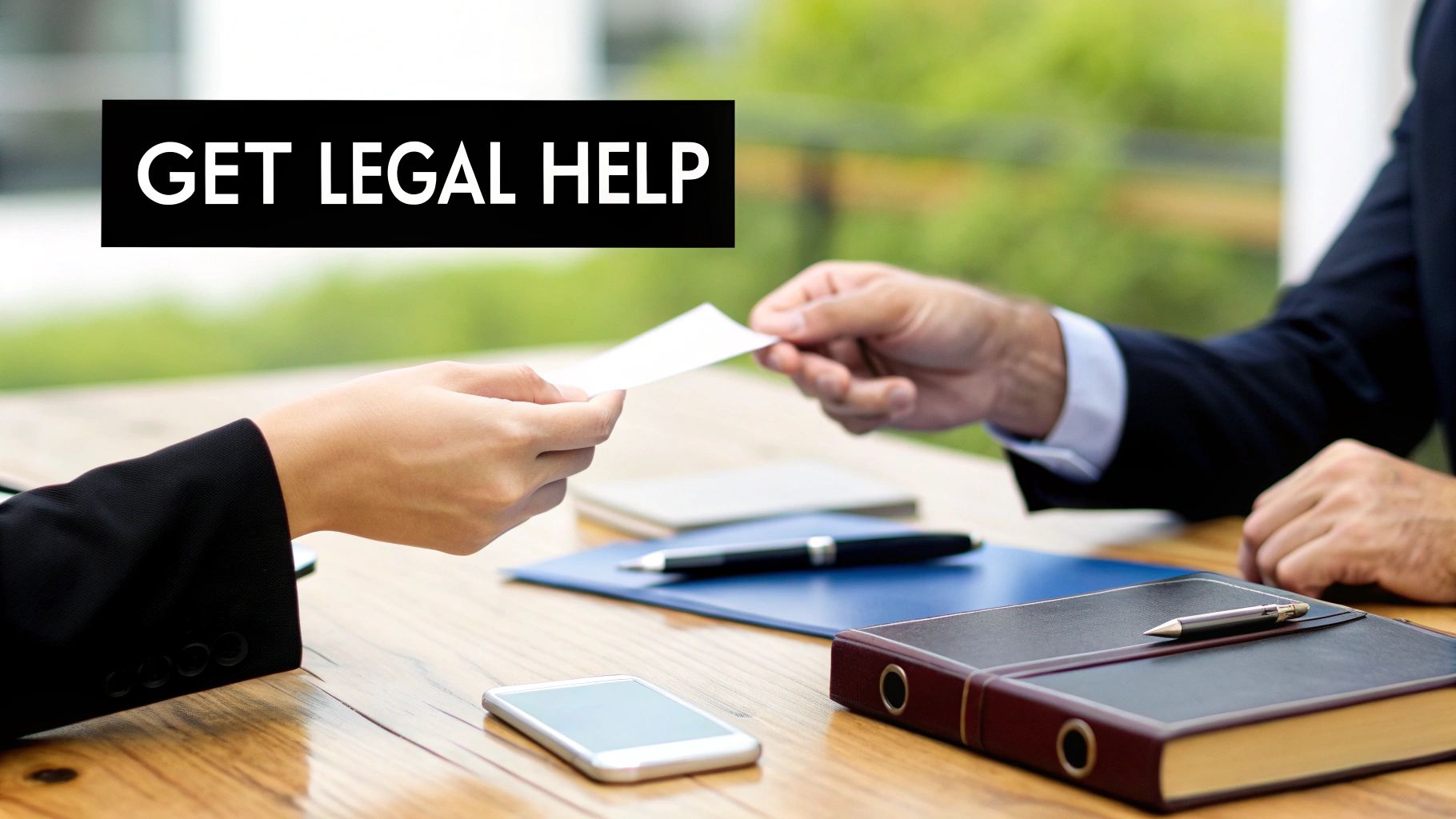 Two professionals exchanging a document at a wooden desk with legal items and 'GET LEGAL HELP' overlay.