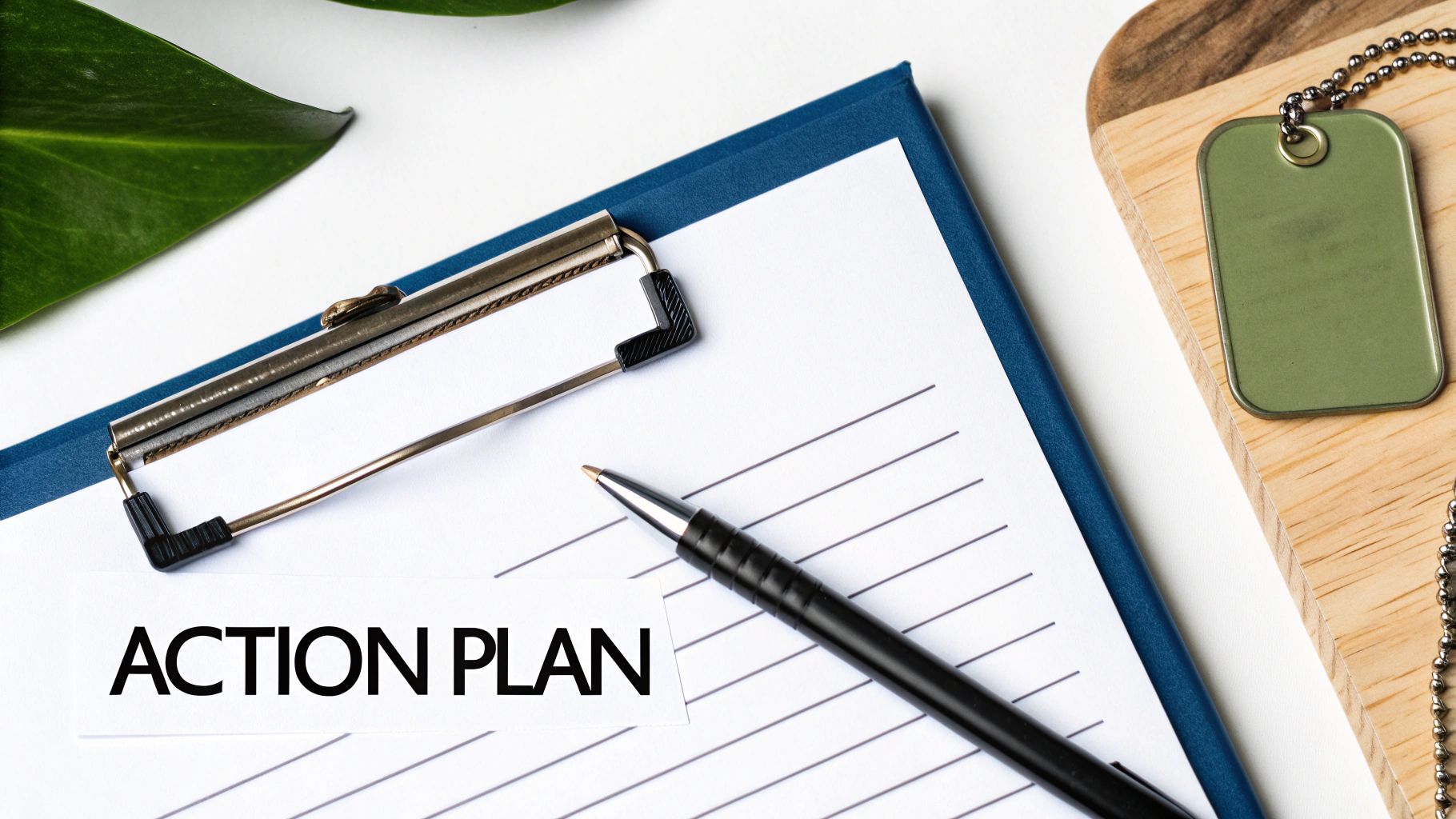 A clipboard with a pen and a green leaf on a white surface. The paper reads 'ACTION PLAN'.