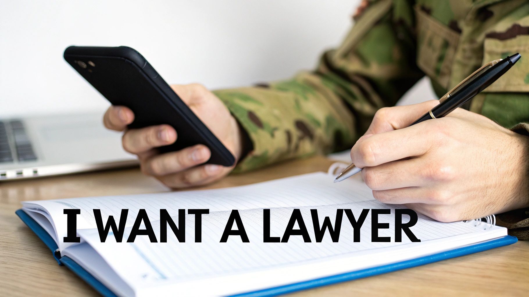 Person in military uniform holding a smartphone and writing, with 'I WANT A LAWYER' overlaid.