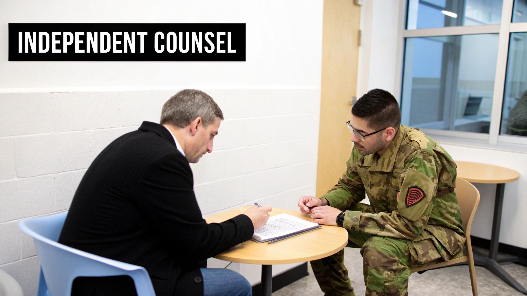 An independent counsel in a suit advises a soldier in uniform, reviewing documents at a table.
