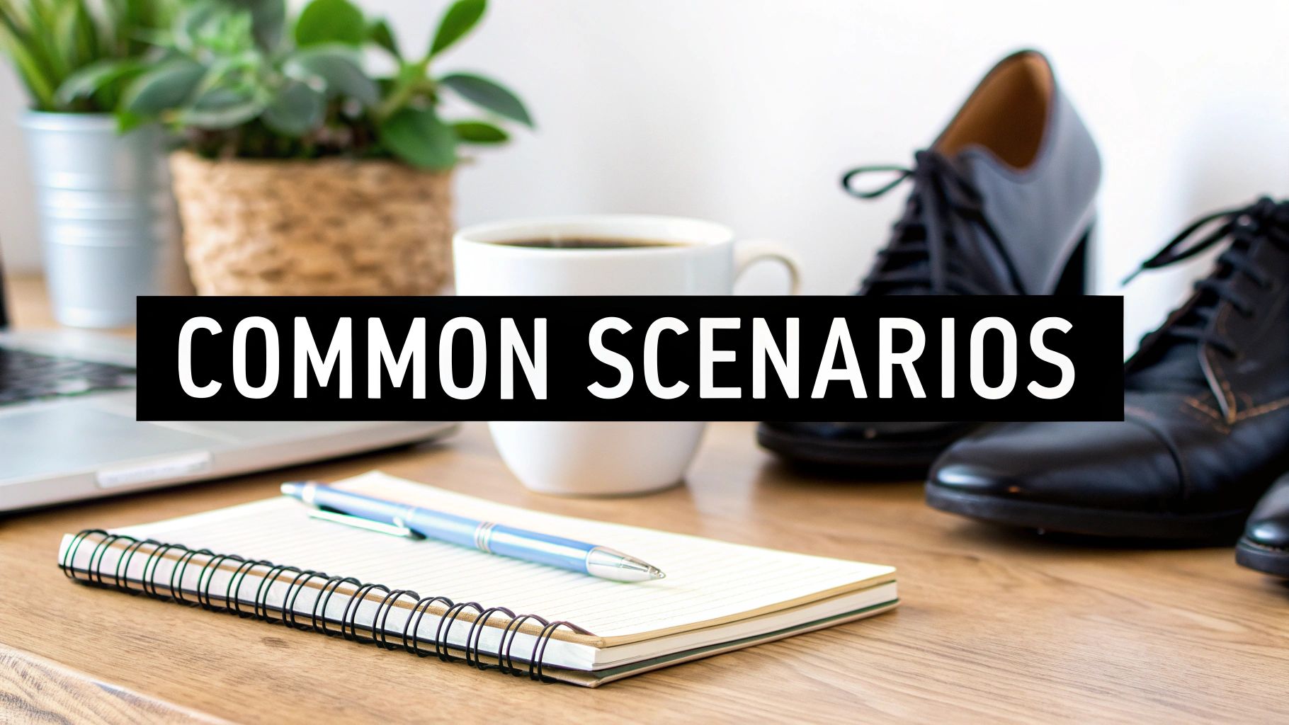 A neatly arranged work desk featuring a laptop, coffee, plants, and 'COMMON SCENARIOS' text.