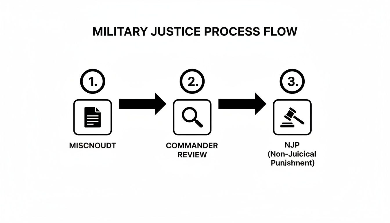 Flowchart detailing the military justice process steps: initial report, commander review, and non-judicial punishment.