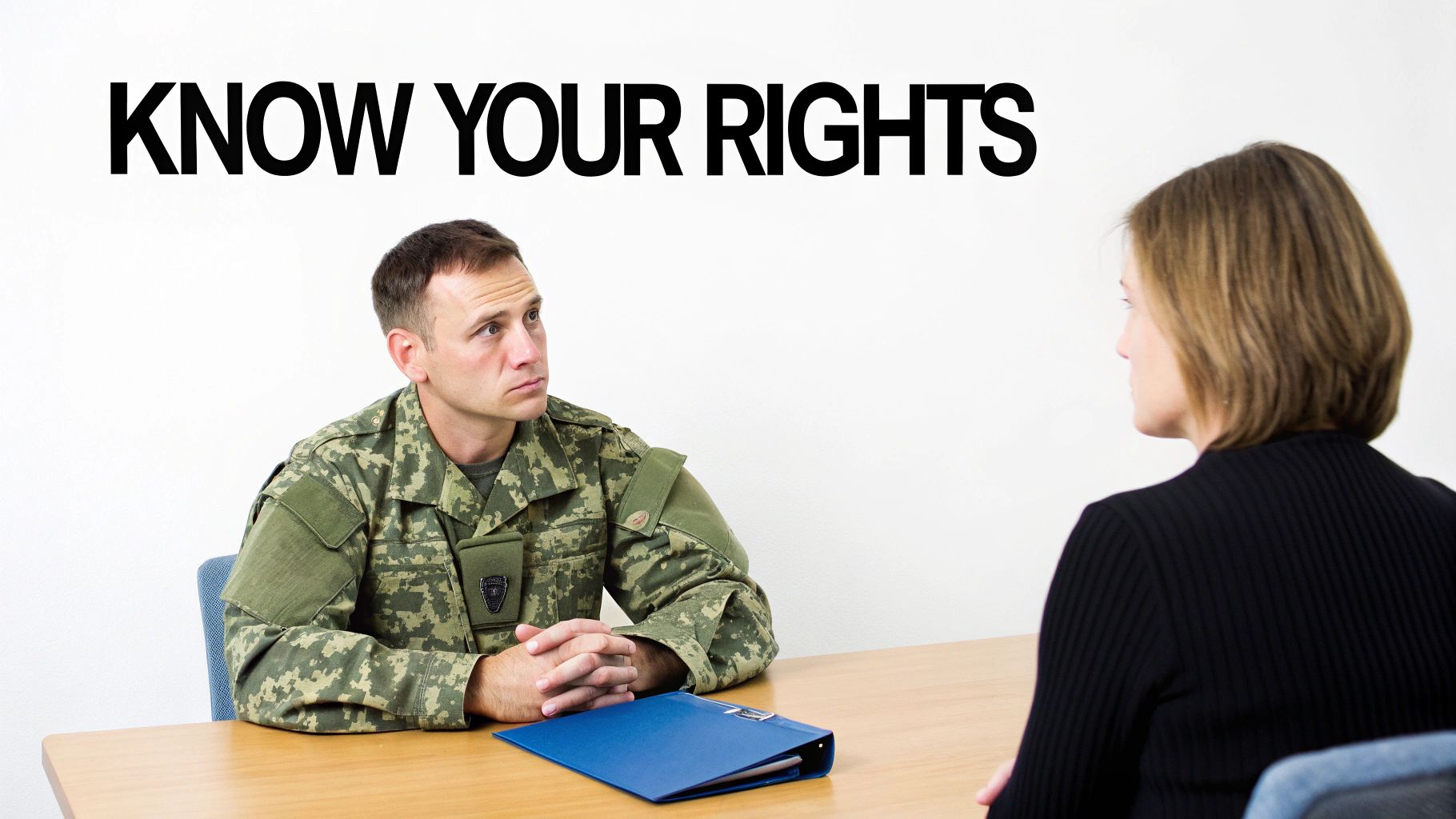 A soldier sits at a desk across from a woman, with text 'KNOW YOUR RIGHTS' above them.
