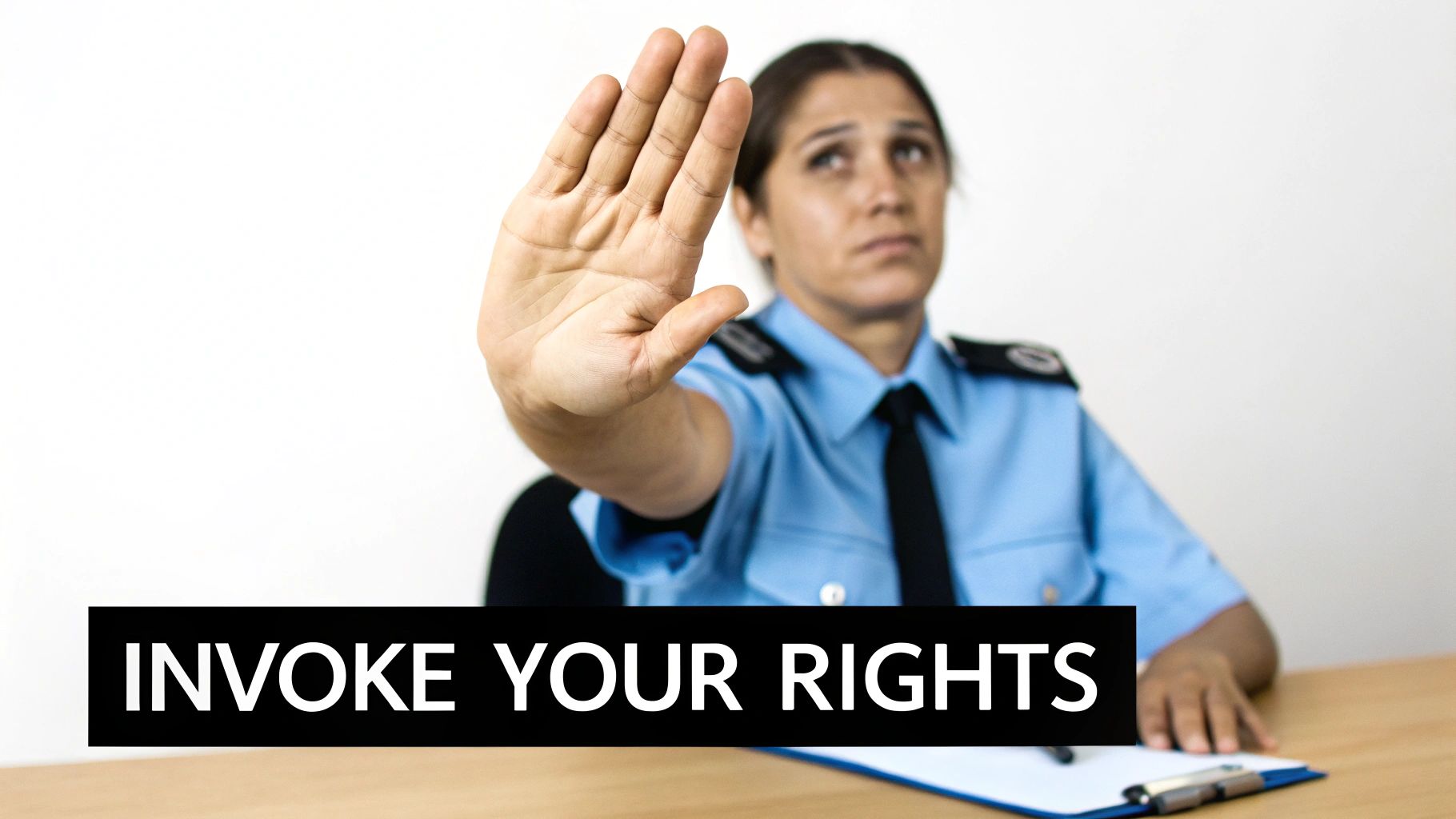 A police officer signals stop, with text 'INVOKE YOUR RIGHTS' for legal awareness.