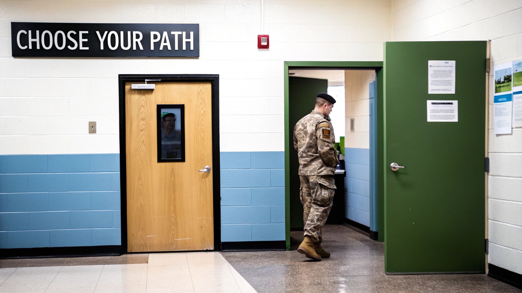 A uniformed soldier walks into a green doorway, beside a sign reading "CHOOSE YOUR PATH".