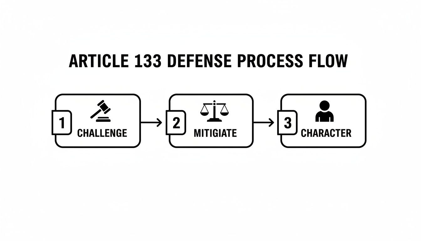 Flowchart illustrating the Article 133 defense process: Challenge, Mitigate, and Character steps with icons.