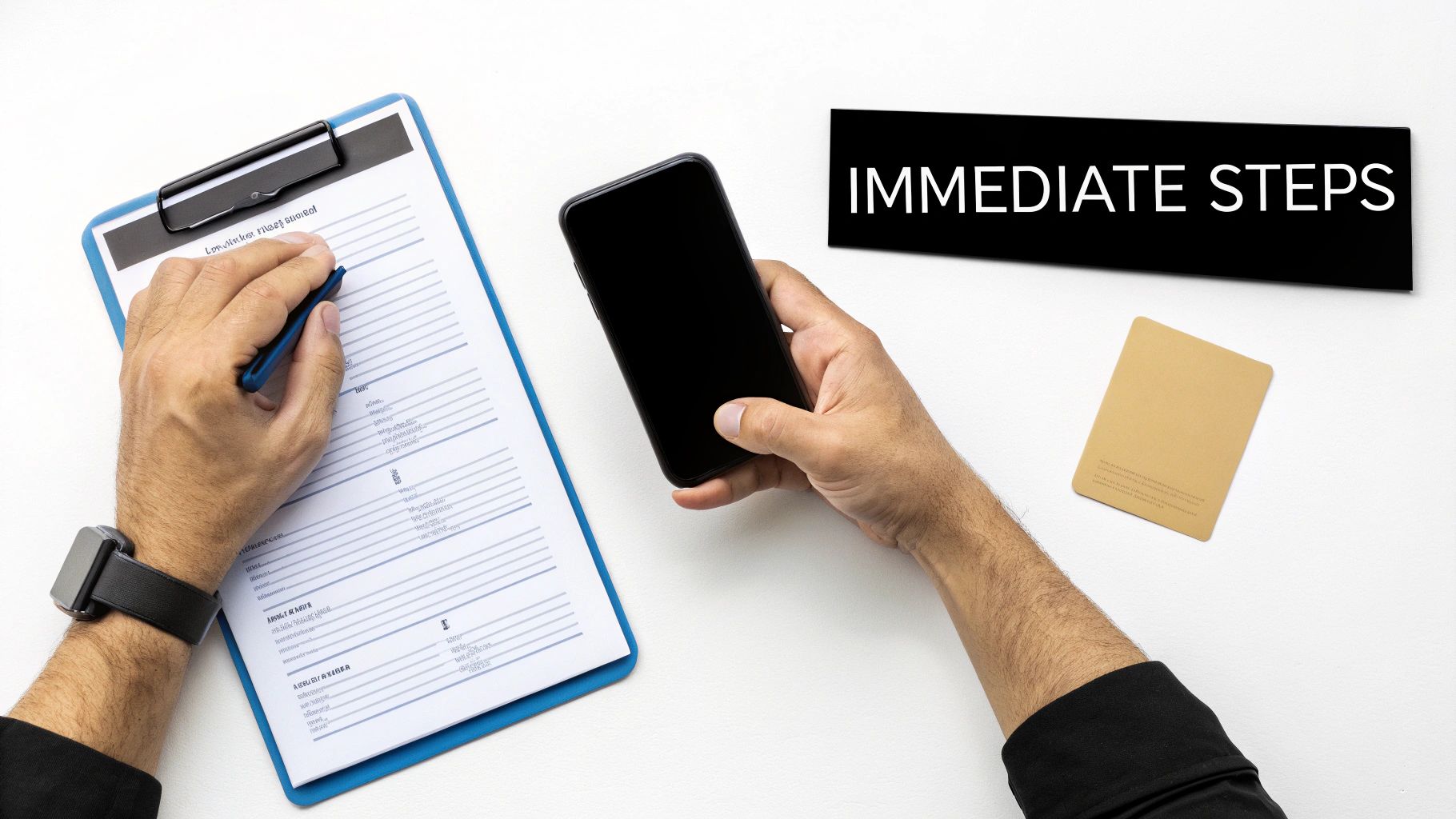 Overhead view of hands writing on a clipboard, holding a smartphone, next to an 'IMMEDIATE STEPS' sign.