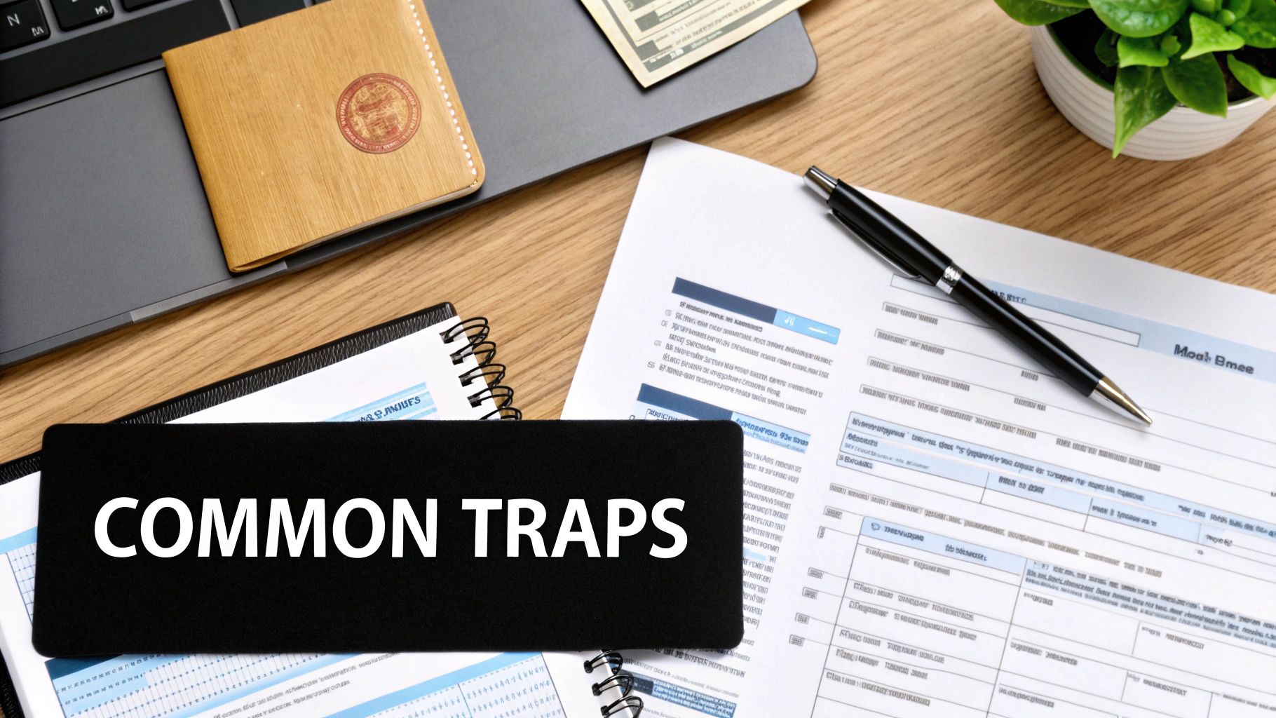 Overhead shot of a desk with a laptop, documents, pen, plant, and a notepad stating 'COMMON TRAPS'.