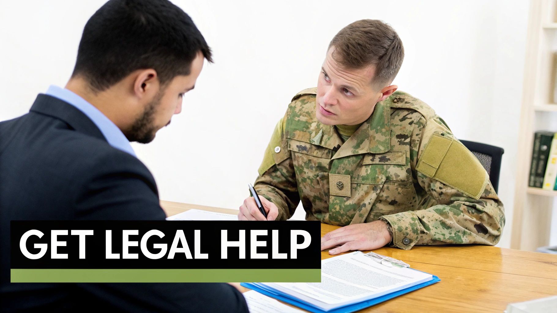 A military service member in uniform discusses legal matters with a man in a suit at a desk, with text 'GET LEGAL HELP'.