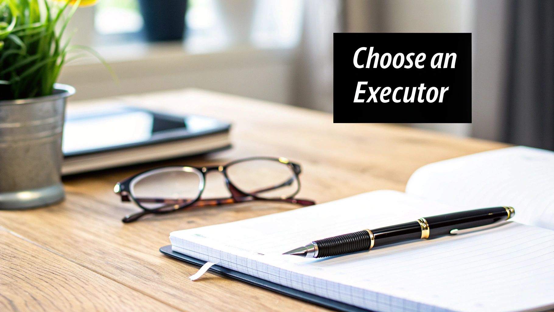 A wooden desk with a notebook, pen, and glasses, featuring a black text box 'Choose an Executor'.