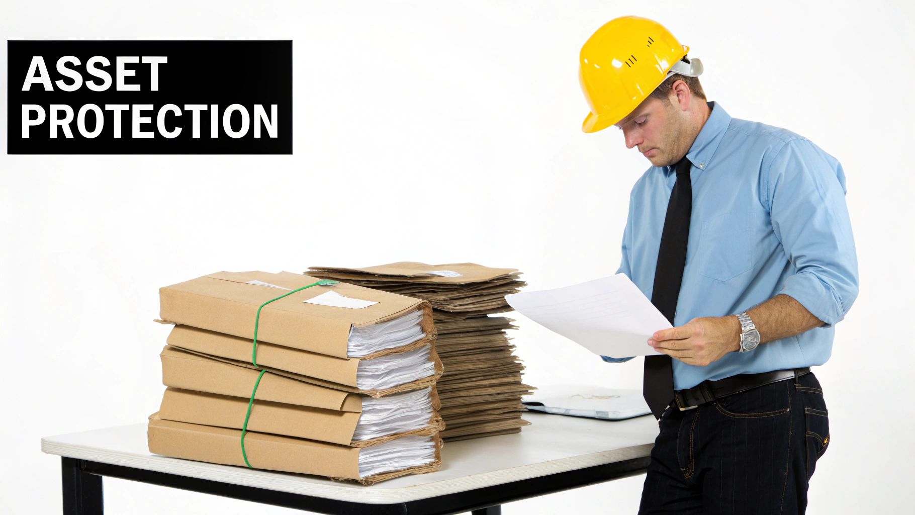 An engineer in a hard hat reviews asset protection documents and files on a white table.